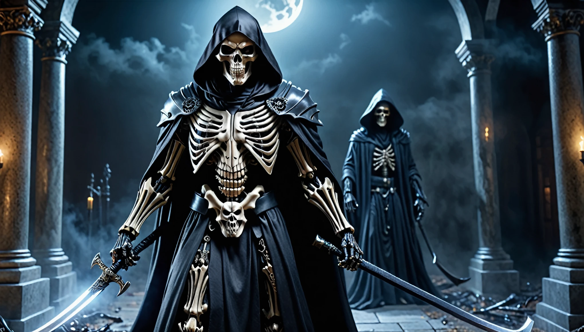 (((Top Quality: 1.4))),(Unparalleled Masterpiece),(Ultra High Definition),(Ultra-Realistic 8k CG),cyborg black Grim Reaper, ,(Action Pose: 1.4),god of death, wielding a large scythe, highly detailed grim reaper clothes, soul warden, church background, horror, eerie moonlight makes gradient of shadows , ray tracing,(magic mysterious background, glowing particles, ethereal fog, faint darkness), hyper realistic cover photo awesome full color, Cinematic, (hyper detail: 1.2), adds depth to images with backlight effect, perfect anatomy,