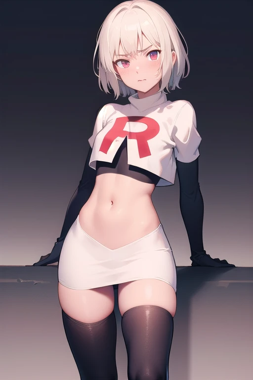 masterpiece, absurdres, male focus, trap, crossdressing,1boy, team rocket,team rocket uniform,white skirt,red letter R,crop top,black thigh-highs,black elbow gloves