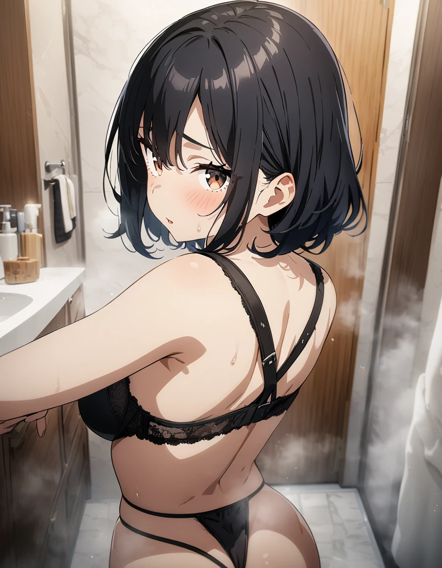 masterpiece, best quality, very aesthetic, absurdres, 1girl, brown eyes, black hair, bra, , Shoulder straps of the bra fall off, thong, bathroom, steam, key visual, highly detailed, looking at viewer, back view