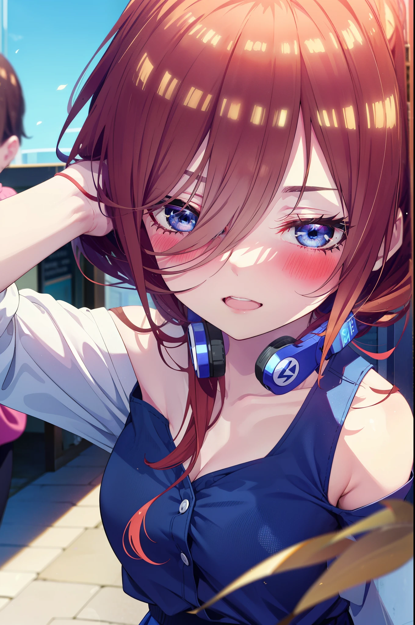 Mikunakano, Miku Nakano, Long Hair, bangs, blue eyes, Brown Hair, shirt, Hair between the eyes, Headphones around the neck,happy smile, smile, Open your mouth,Off-the-shoulder blue dress,Bare shoulders,bare clavicle,Bare neck,Bare arms,Blue long skirt,Cute heeled sandals,Real Summer,Daytime,sunny,My hair is blowing in the wind,whole bodyがイラストに入るように,Looking up from below,Walking,
break outdoors, Shopping mall,
break looking at viewer, whole body,
break (masterpiece:1.2), highest quality, High resolution, unity 8k wallpaper, (shape:0.8), (Beautiful details:1.6), Highly detailed face, Perfect lighting, Highly detailed CG, (Perfect hands, Perfect Anatomy),