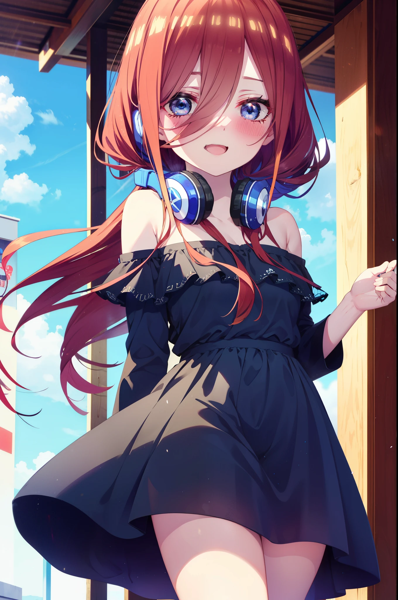 Mikunakano, Miku Nakano, Long Hair, bangs, blue eyes, Brown Hair, shirt, Hair between the eyes, Headphones around the neck,happy smile, smile, Open your mouth,Off-the-shoulder blue dress,Bare shoulders,bare clavicle,Bare neck,Bare arms,Blue long skirt,Cute heeled sandals,Real Summer,Daytime,sunny,My hair is blowing in the wind,whole bodyがイラストに入るように,Looking up from below,Walking,
break outdoors, Shopping mall,
break looking at viewer, whole body,
break (masterpiece:1.2), highest quality, High resolution, unity 8k wallpaper, (shape:0.8), (Beautiful details:1.6), Highly detailed face, Perfect lighting, Highly detailed CG, (Perfect hands, Perfect Anatomy),