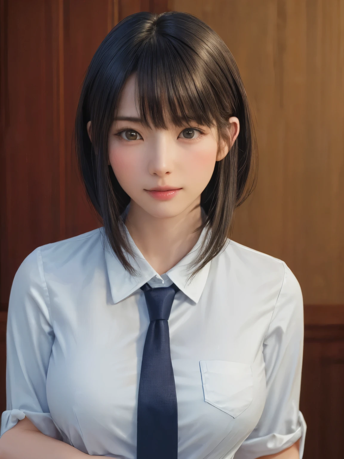 (masterpiece:1.3), (Realistic, RAW Photos, highest quality: 1.4), (One Girl), Beautiful Face, (超Realistic Face、シンメトリーのBeautiful Face), (Short black hair, short hair:1.6、bangs:1.3、Show off your beautiful ears), Beautiful Hairstyles, (Realistic eyes), Beautiful details, Long eyelashes, (Realistic Skin), Beautiful Skin, [Big Breasts:1.3], {huge|big|hugeな|Mega} chest, (Perfect body:1.3), (Detailed body:1.2), (tie), (Collared shirt, Pleated skirt:1.3), Absurd, charm, Ultra-high resolution, Ultra-realistic, Very detailed, Golden Ratio,Very cute beautiful woman、28 years old、Beautiful angle from the back