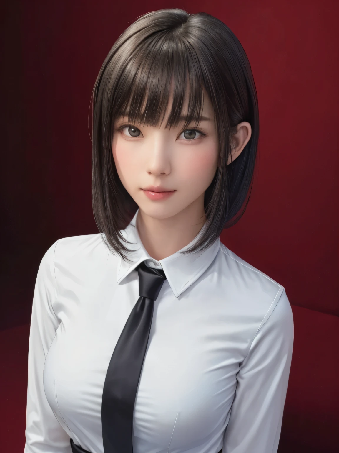 (masterpiece:1.3), (Realistic, RAW Photos, highest quality: 1.4), (One Girl), Beautiful Face, (超Realistic Face、シンメトリーのBeautiful Face), (Short black hair, short hair:1.6、bangs:1.3、Show off your beautiful ears), Beautiful Hairstyles, (Realistic eyes), Beautiful details, Long eyelashes, (Realistic Skin), Beautiful Skin, [Big Breasts:1.3], {huge|big|hugeな|Mega} chest, (Perfect body:1.3), (Detailed body:1.2), (tie), (Collared shirt, Pleated skirt:1.3), Absurd, charm, Ultra-high resolution, Ultra-realistic, Very detailed, Golden Ratio,Very cute beautiful woman、28 years old、Beautiful angle from the back