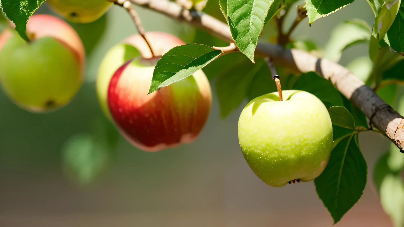 apple plant with fruit there are dew drops realistic detail light color blur background