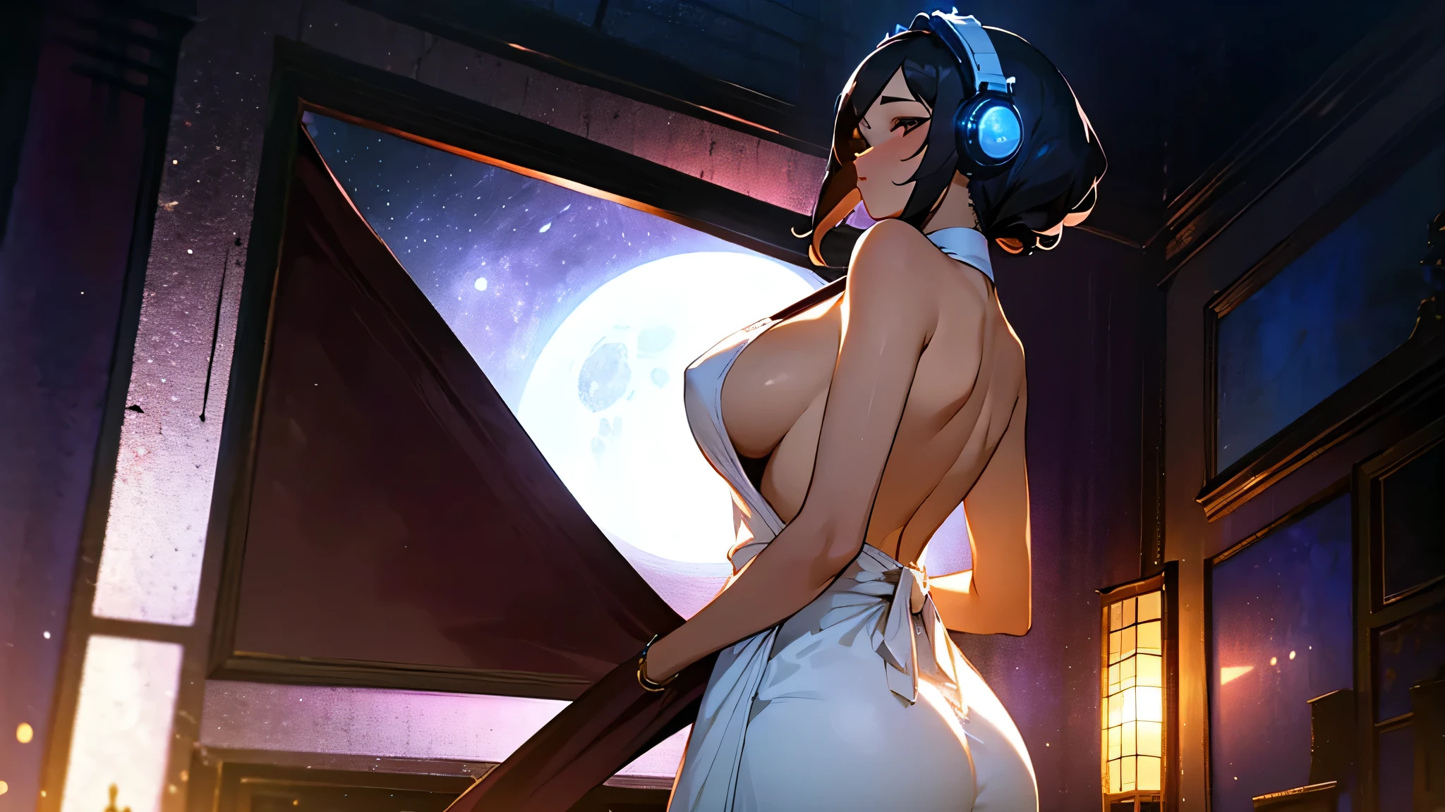 A woman wearing a white nude apron with headphones、Big Breasts、sexy、Moonlight、Unbuttoned、Downlight、full moon、A room filled with delicious looking cakes、Stylish interior、Beautiful woman looking back、Butt、Beautiful buttocks、Plump、Sideboob