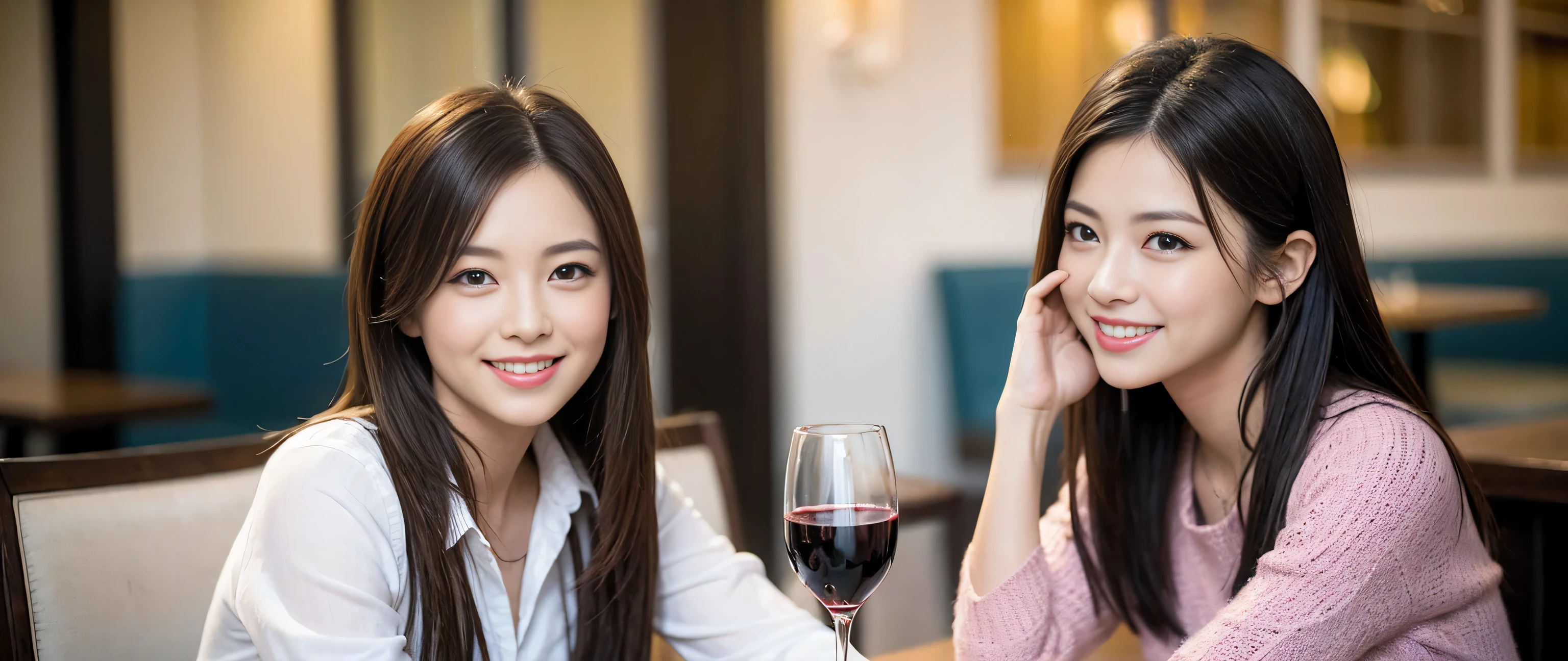 ((highest quality、8k、masterpiece:1.3))、1 male 1 female、Couple、Lovers Couple、Slim body、((Bob Hale、Straight hair:1.2)), (Realistic, Intricate details:1.2), Wine glass on the table、Shine light on your face、 Amazing view of the sunset sky and clouds、Amazing mountain views、A bright smile、The wonderfulness of smile、Bright image、The beauty of wine, Beautiful Face, blue eyes, The light shines on your face, Blushing, short hair,Bright Face、 (Age 37), 39 years old, red wine 、Appetizers、Italian food、Wine bottle、Champagne、sparkling wine、Two beauties、Brown Hair、Shortcuts、Long sleeve shirt、dress、Pretty Woman 1, (Slim face), (The body is slim), (Brown Hair), (Shortcuts), cheeks turn a little red,Attractive beauty、restaurant, In a prominent place (From the waist up) Nova Frog Style, actress, model, Upper Body, White wine, slim, wine glass, A wine glass placed in the middle, smile, (smile: 1.15), Beautiful fine grain, Depth f/2,saturation, High Contrast, Strong light and shadow,Moist Body:1.5、3D texture、Delicate eyes、Brown Hair、The hair is very shiny、