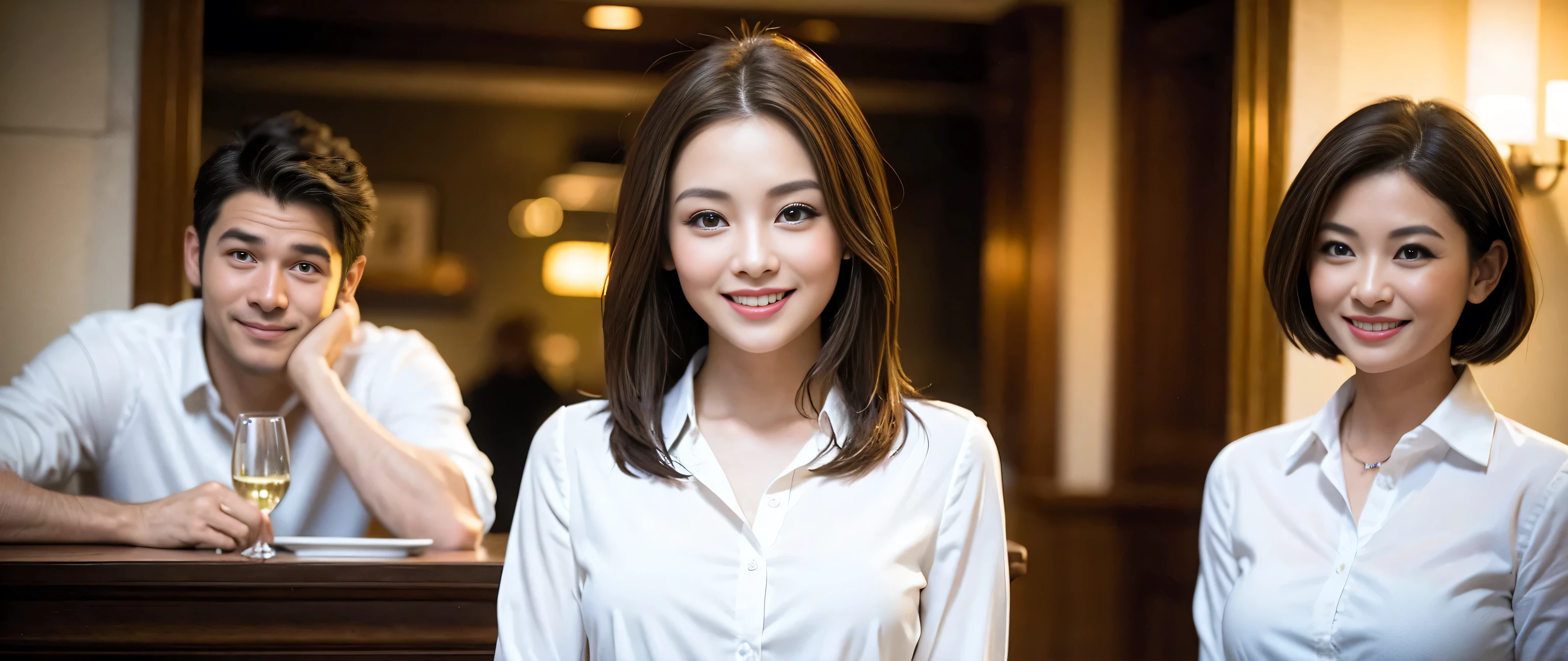((highest quality、8k、masterpiece:1.3))、1 male 1 female、Couple、Lovers Couple、Slim body、((Bob Hale、Straight hair:1.2)), (Realistic, Intricate details:1.2), Wine glass on the table、Shine light on your face、 Amazing view of the sunset sky and clouds、Amazing mountain views、A bright smile、The wonderfulness of smile、Bright image、The beauty of wine, Beautiful Face, blue eyes, The light shines on your face, Blushing, short hair,Bright Face、 (Age 37), 39 years old, red wine 、Appetizers、Italian food、Wine bottle、Champagne、sparkling wine、Two beauties、Brown Hair、Shortcuts、Long sleeve shirt、dress、Pretty Woman 1, (Slim face), (The body is slim), (Brown Hair), (Shortcuts), cheeks turn a little red,Attractive beauty、restaurant, In a prominent place (From the waist up) Nova Frog Style, actress, model, Upper Body, White wine, slim, wine glass, A wine glass placed in the middle, smile, (smile: 1.15), Beautiful fine grain, Depth f/2,saturation, High Contrast, Strong light and shadow,Moist Body:1.5、3D texture、Delicate eyes、Brown Hair、The hair is very shiny、