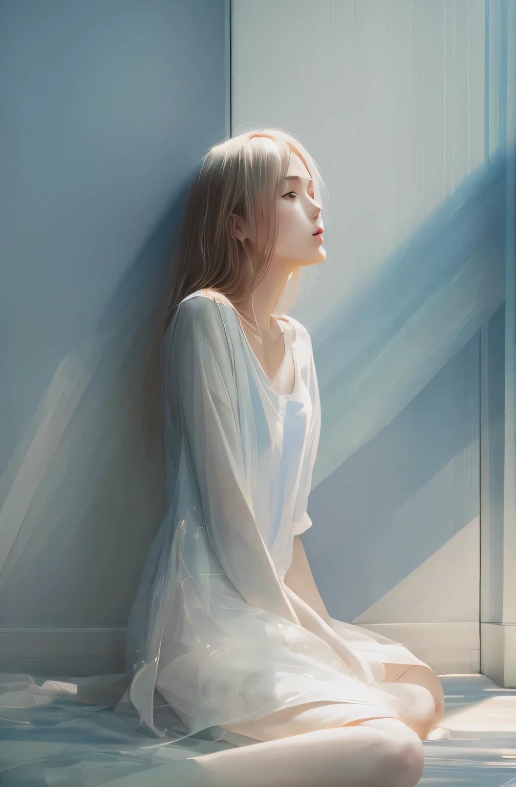 a woman by agnes cecile, luminous design, pastel colours, ink drips, winter lights,transparent、sweet temptation、realisitic、long legged、ful、Feminine、white shirt、a miniskirt、high-heels,extremely delicate face,Realistic lighting and shading, (an extremely delicate and beautiful art)1.3, Elegant,Dramatic shadows、ighly detailed。hightquality、hight resolution、raw、超A high resolution、The ultra-detailliert、(extremely delicate and beautiful)、ighly detailed、Real Shadows,frombelow