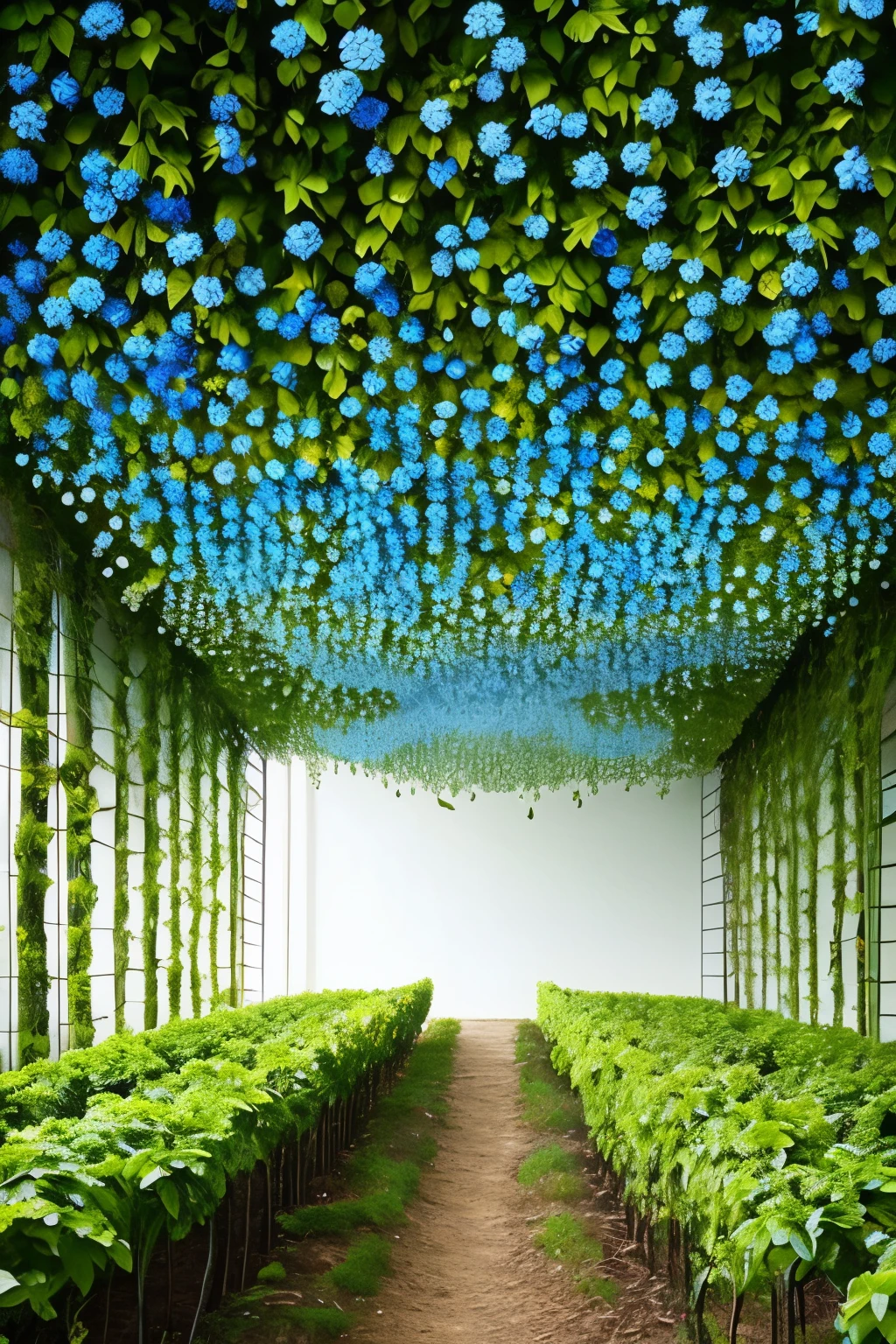 there are many blue flowers hanging from the ceiling of a house, a digital rendering by Bernat Sanjuan, tumblr, land art, vines. tiffany blue, vines and blue foliage, hanging vines, covered in flame porcelain vine, vines hanging down, flowering vines, lush gardens hanging, connected to nature via vines, vines hanging from trees, teal ethereal tendril wings