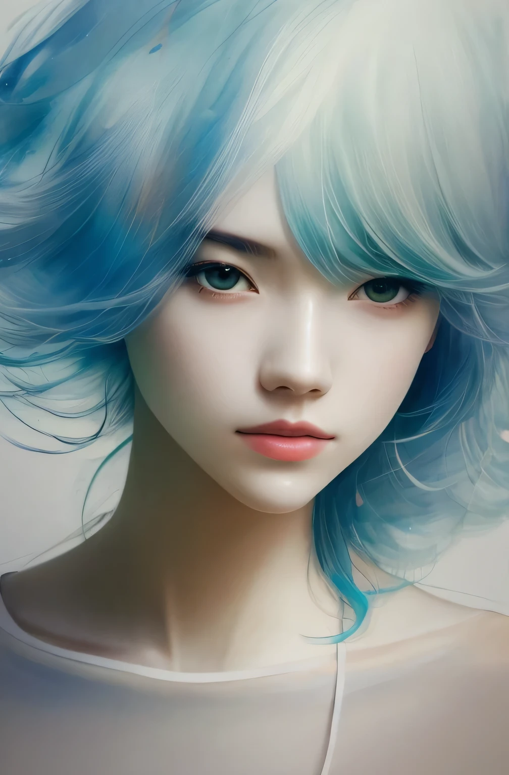 a woman by agnes cecile, luminous design, pastel colours, ink drips, winter lights,transparent、sweet temptation、realisitic、long legged、ful、Feminine、white shirt、a miniskirt、high-heels,extremely delicate face,Realistic lighting and shading, (an extremely delicate and beautiful art)1.3, Elegant,Dramatic shadows、ighly detailed。hightquality、hight resolution、raw、超A high resolution、The ultra-detailliert、(extremely delicate and beautiful)、ighly detailed、Real Shadows,frombelow