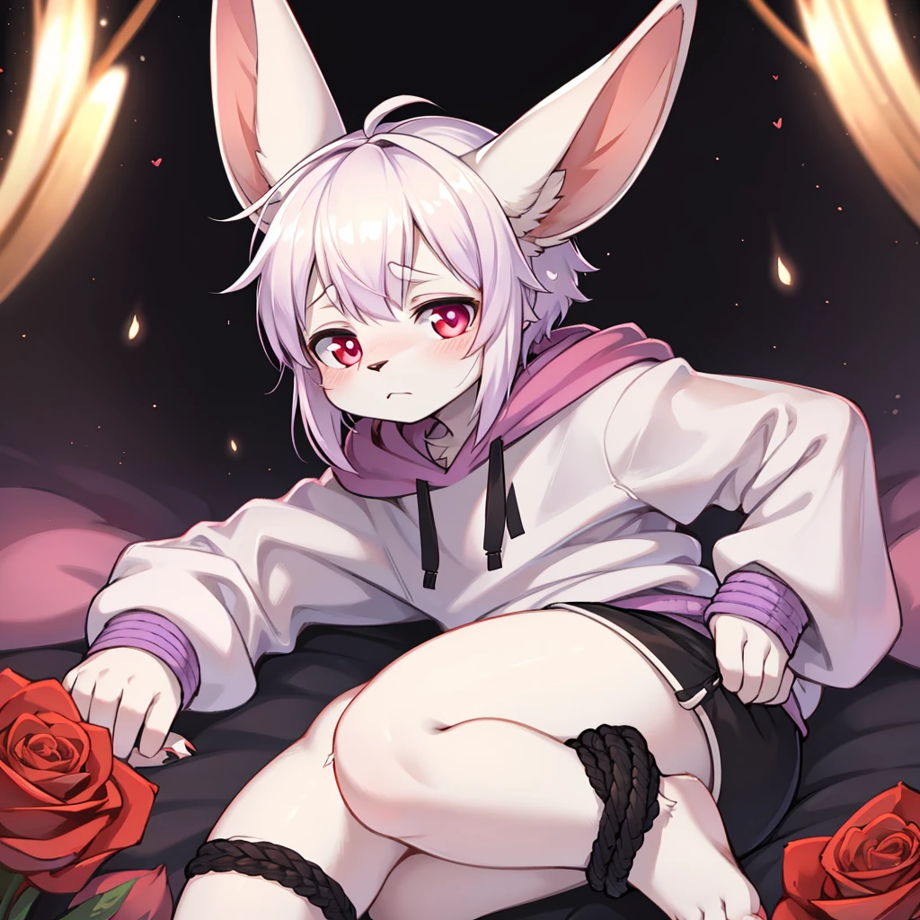 Conejo masculino Blanco Pelo blanco y violeta pelo corto sudadera negra con capucha cordones rosas ojos morados puntas lila oreja perforada cara triste 