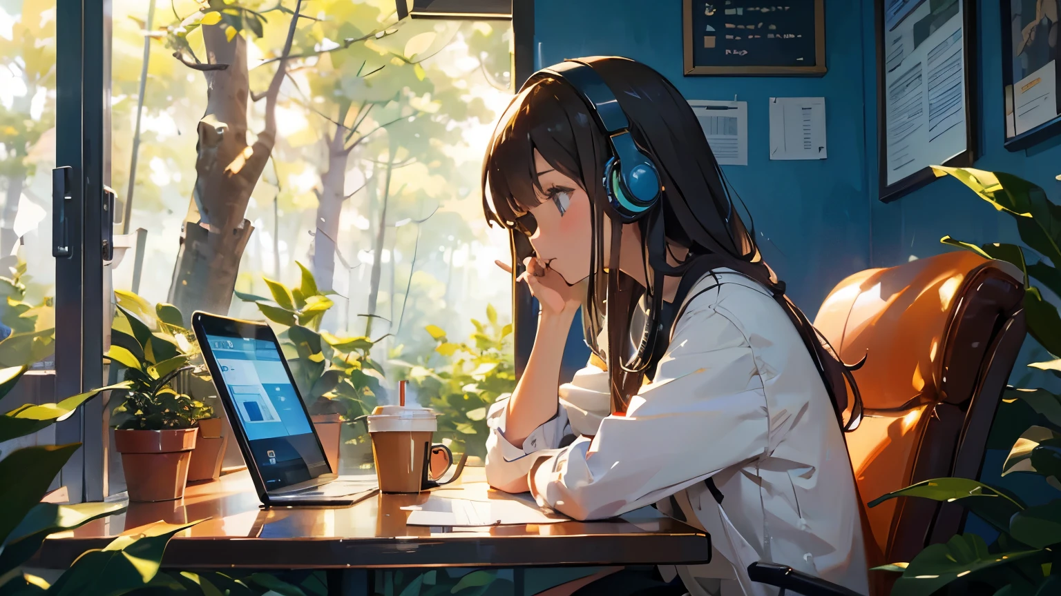 1 girl with headphones, studying at modern cafe, having a coffee, in the forest, warm weather, a little wing