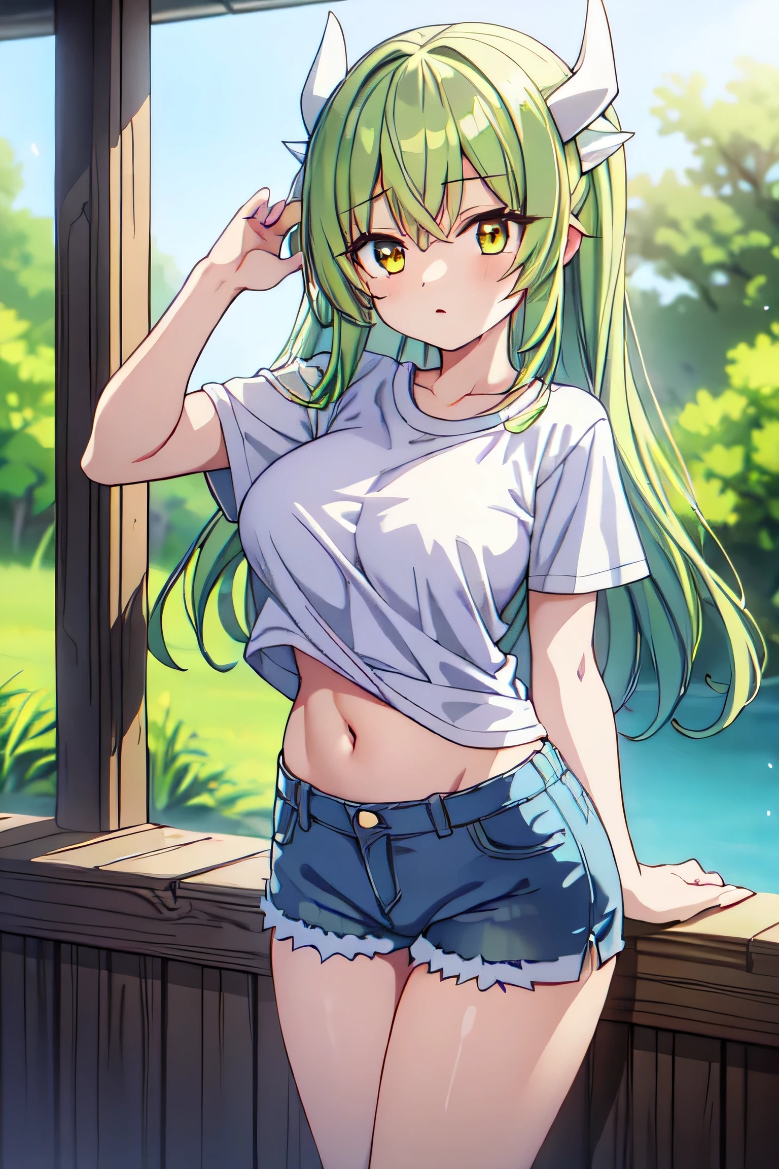 Alone, Kiyohime, Full body, Green Hair,(Muddy yellow eyes), Long Hair、(Denim shorts and T-shirt: 1.4), ,highest quality, 4K, High resolution, masterpiece:1.2, Super detailed, HDR, Studio Lighting, Sharp Focus, Bright colors, Portrait, Bokeh, Warm tones, Soft Lighting,Standing in a sexy pose with her arms raised by the water、A peek at my belly button、Emphasize the sides、