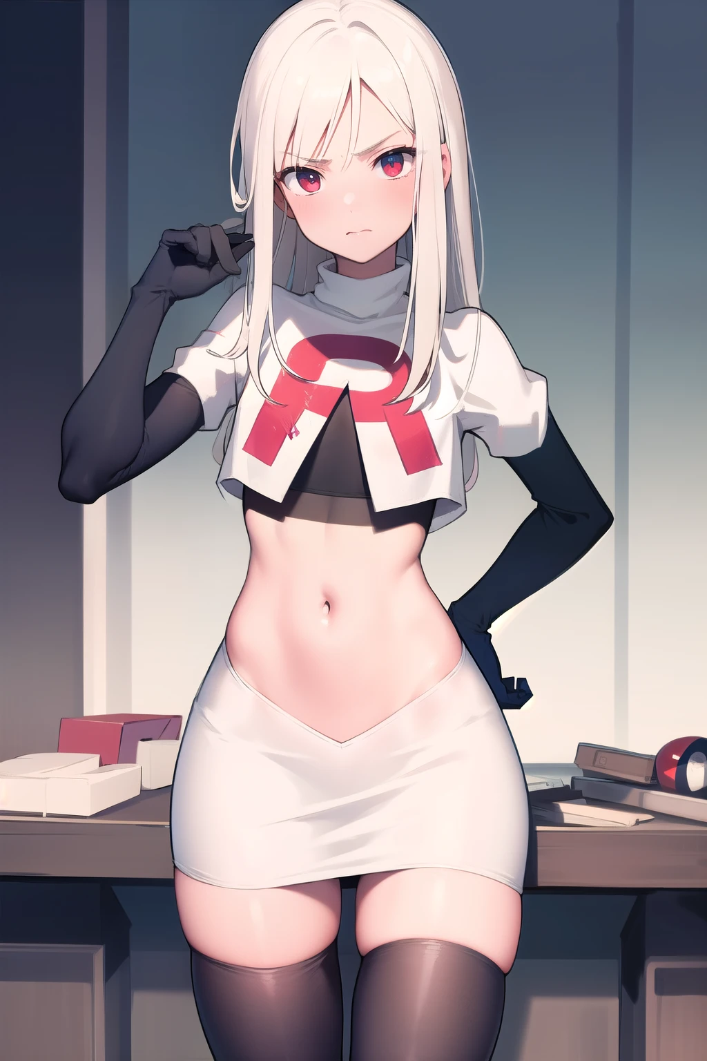 masterpiece, absurdres, male focus, trap, crossdressing,1boy, team rocket,team rocket uniform,white skirt,red letter R,crop top,black thigh-highs,black elbow gloves