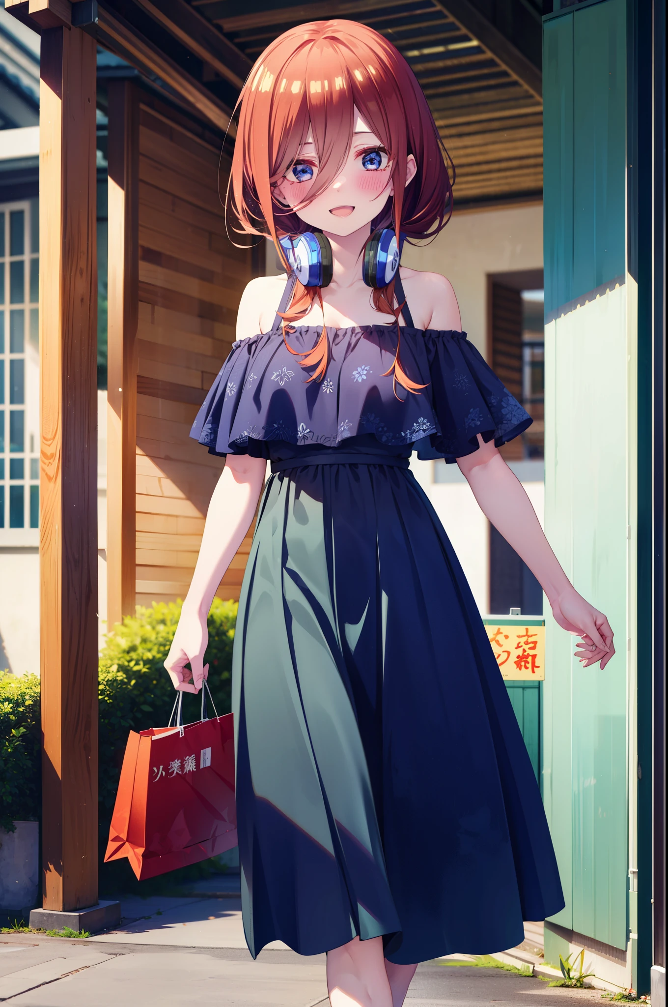 Mikunakano, Miku Nakano, Long Hair, bangs, blue eyes, Brown Hair, shirt, Hair between the eyes, Headphones around the neck,happy smile, smile, Open your mouth,Off-the-shoulder blue dress,Bare shoulders,bare clavicle,Bare neck,Bare arms,Blue long skirt,Cute heeled sandals,Real Summer,Daytime,sunny,My hair is blowing in the wind,whole bodyがイラストに入るように,Looking up from below,Walking,
break outdoors, Shopping mall,
break looking at viewer, whole body,
break (masterpiece:1.2), highest quality, High resolution, unity 8k wallpaper, (shape:0.8), (Beautiful details:1.6), Highly detailed face, Perfect lighting, Highly detailed CG, (Perfect hands, Perfect Anatomy),