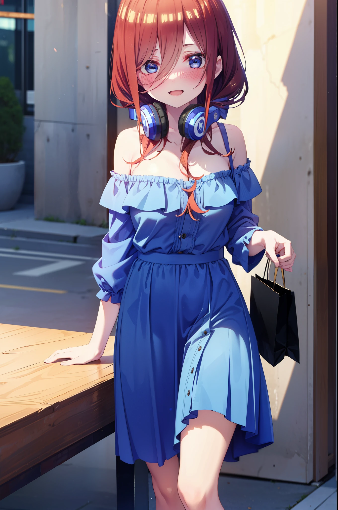 Mikunakano, Miku Nakano, Long Hair, bangs, blue eyes, Brown Hair, shirt, Hair between the eyes, Headphones around the neck,happy smile, smile, Open your mouth,Off-the-shoulder blue dress,Bare shoulders,bare clavicle,Bare neck,Bare arms,Blue long skirt,Cute heeled sandals,Real Summer,Daytime,sunny,My hair is blowing in the wind,whole bodyがイラストに入るように,Looking up from below,Walking,
break outdoors, Shopping mall,
break looking at viewer, whole body,
break (masterpiece:1.2), highest quality, High resolution, unity 8k wallpaper, (shape:0.8), (Beautiful details:1.6), Highly detailed face, Perfect lighting, Highly detailed CG, (Perfect hands, Perfect Anatomy),