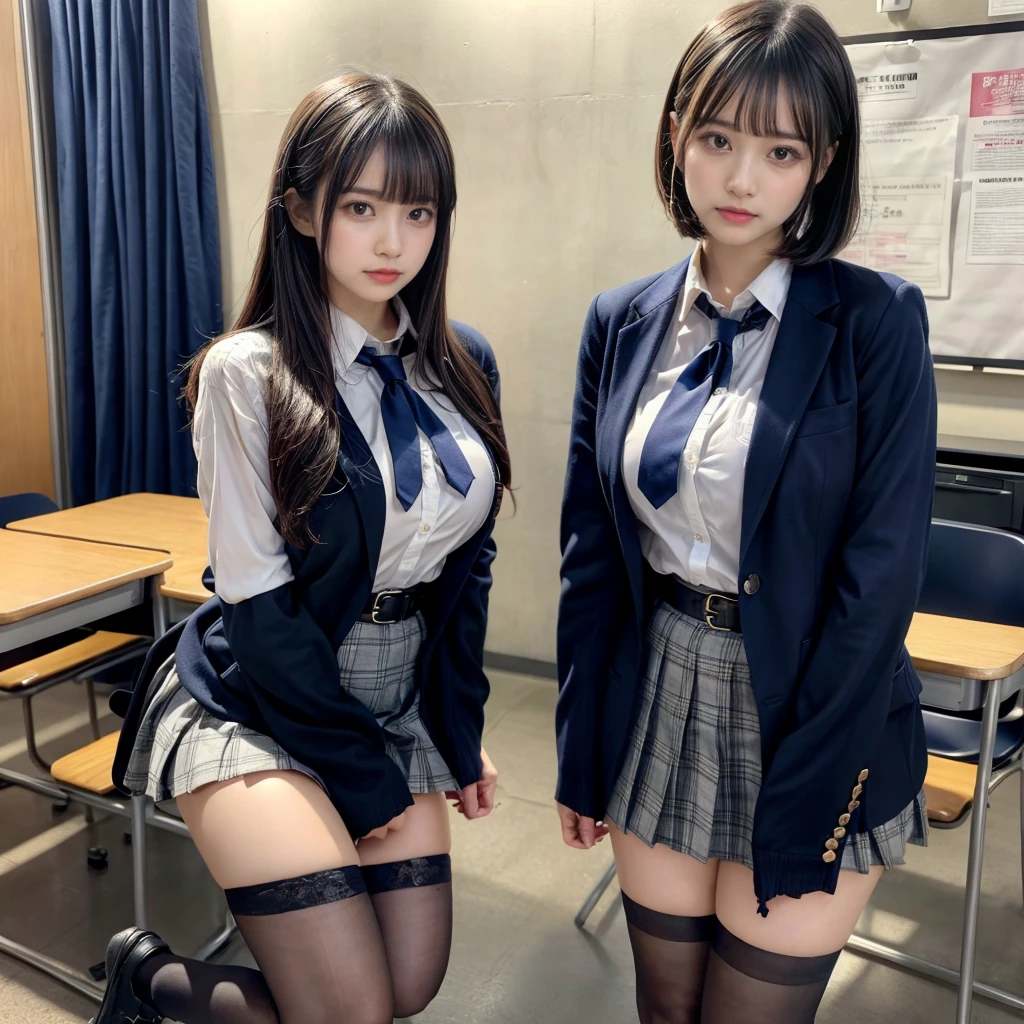 muster piece, best quality, illustration, Super detailed, fine details, High resolution, 8K,wall paper, perfect dynamic composition,(Details High quality, realistic depiction of eyes:1.3), (2 girls, 2 schoolgirls:1.2), from side, High School Classroom、High school girl uniform、blazer 、Super Short Check Uniform Skirt、Navy blue high socks、garterbelts、Colossal tits、Disturbed uniform, short bob hair, black hair color, huge breasts, Big Natural Color Lip, bold sexy pose, (perfect body shape), crying a little、cold gaze, Harajuku style、20 year old girl、 beautiful legs, hposing Gravure Idol, Voluptuous thighs