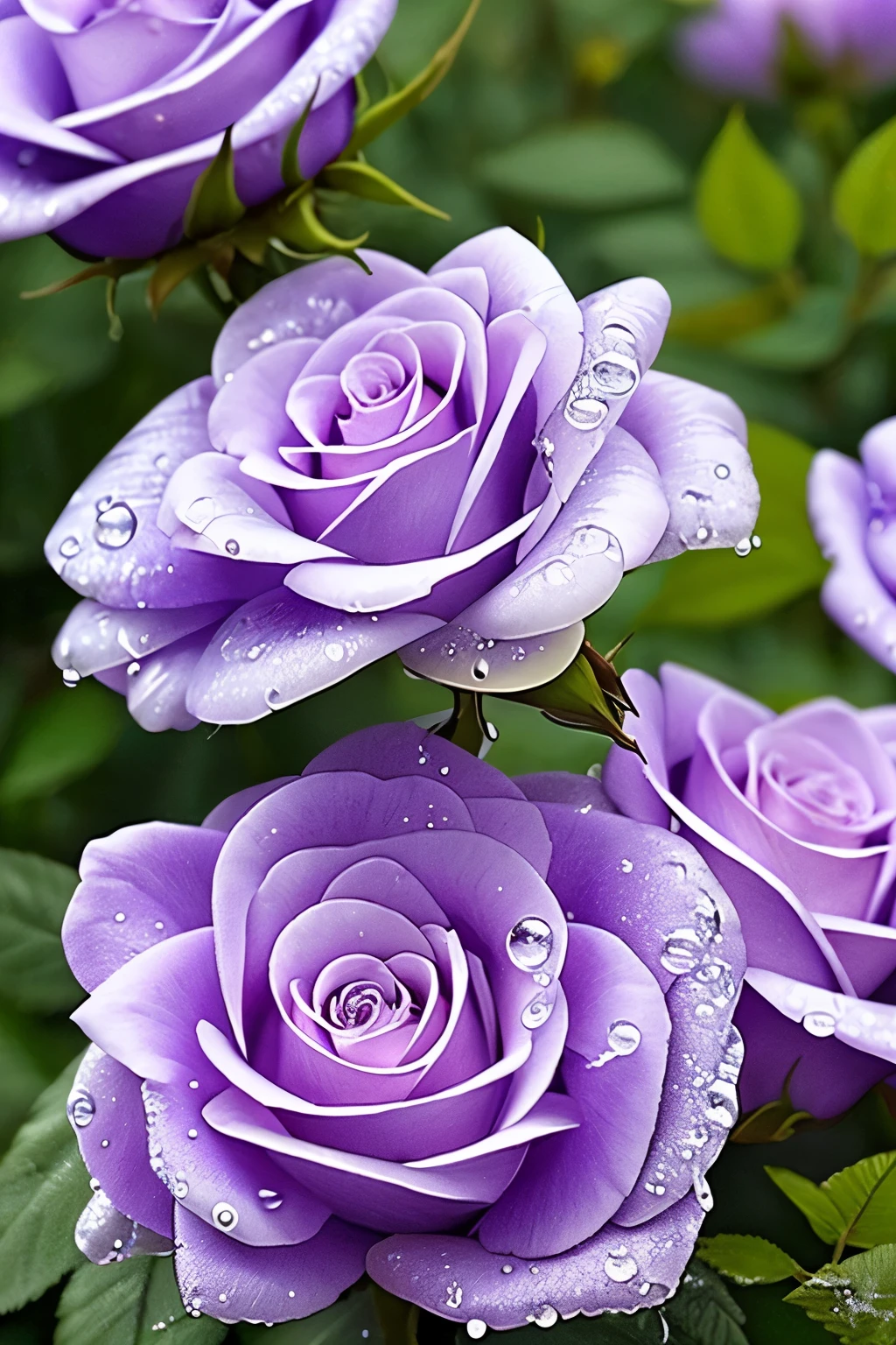 purple and white roses with water droplets on them in a garden, a macro photograph by Perle Fine, tumblr, romanticism, beautiful detail and color, beautiful detail, beautiful!!!!!!!!!, beautiful flowers and crystals, incredibly beautiful, beautiful flower, exquisite detail perfect, beautiful details, detailed flowers, stunning detail, magical flowers, unbelievably beautiful, stunningly beautiful