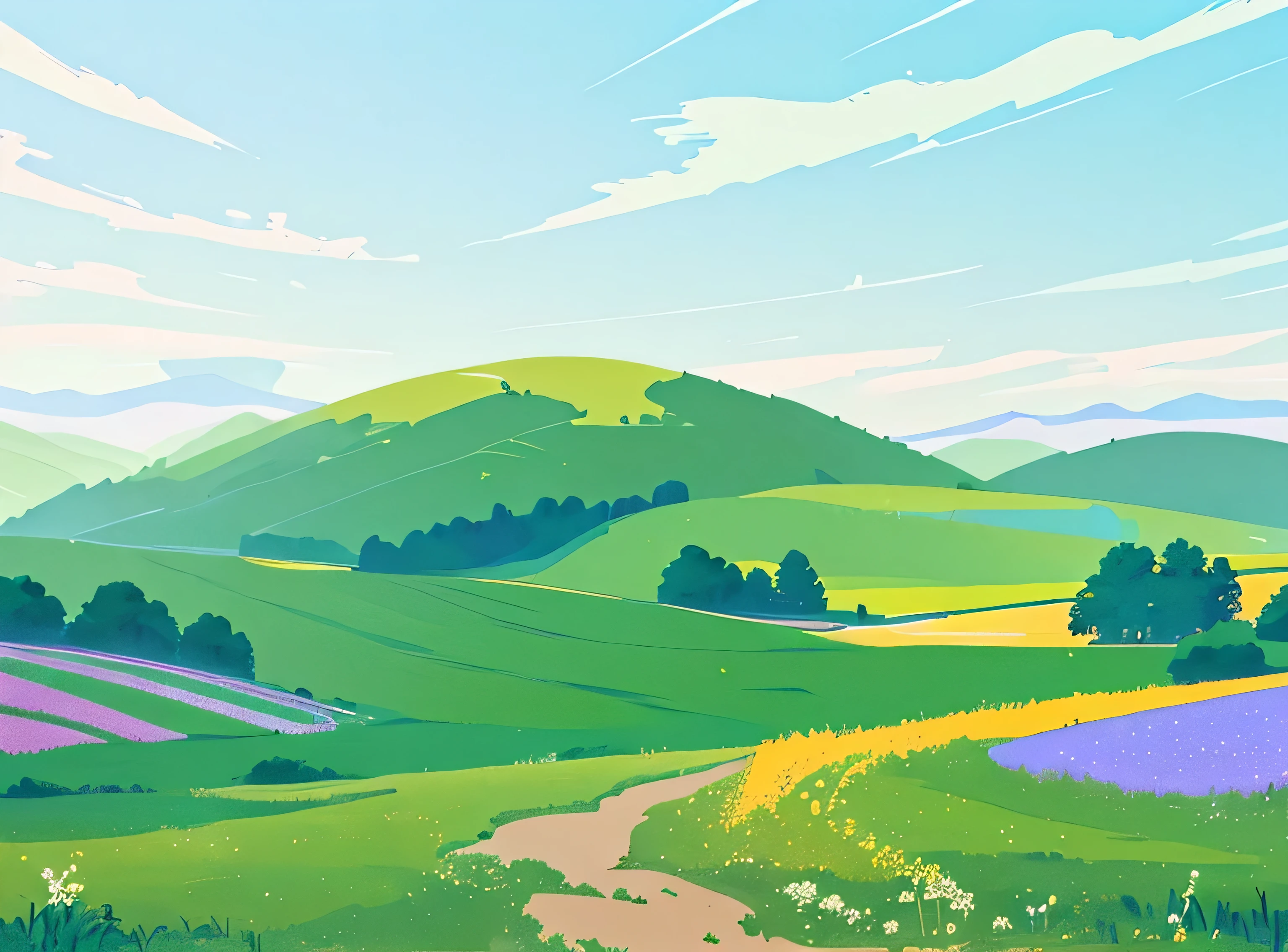 Painting in the mountains，grassland, landscape painting, American Landscape Painting, colorful landscape painting, 4 k painting, landscape painting, Painting landscapes, rural scenery, Inspired by Lajos Kasak, nature painting, painting 4k, painting 4 k, painting. HD, Vibrant gouache landscape, Landscape Artwork