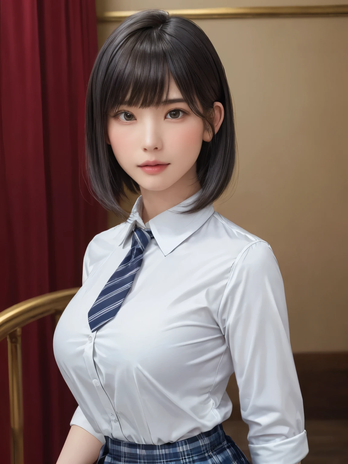 (masterpiece:1.3), (Realistic, RAW Photos, highest quality: 1.4), (One Girl), Beautiful Face, (超Realistic Face、シンメトリーのBeautiful Face), (Short black hair, short hair:1.6、bangs:1.3、Show off your beautiful ears), Beautiful Hairstyles, (Realistic eyes), Beautiful details, Long eyelashes, (Realistic Skin), Beautiful Skin, [Big Breasts:1.3], {huge|big|hugeな|Mega} chest:2, (Perfect body:1.3), (Detailed body:1.2), (tie), (Collared shirt, Pleated skirt:1.3), Absurd, charm, Ultra-high resolution, Ultra-realistic, Very detailed, Golden Ratio,Very cute beautiful woman、28 years old、Beautiful angle from the back