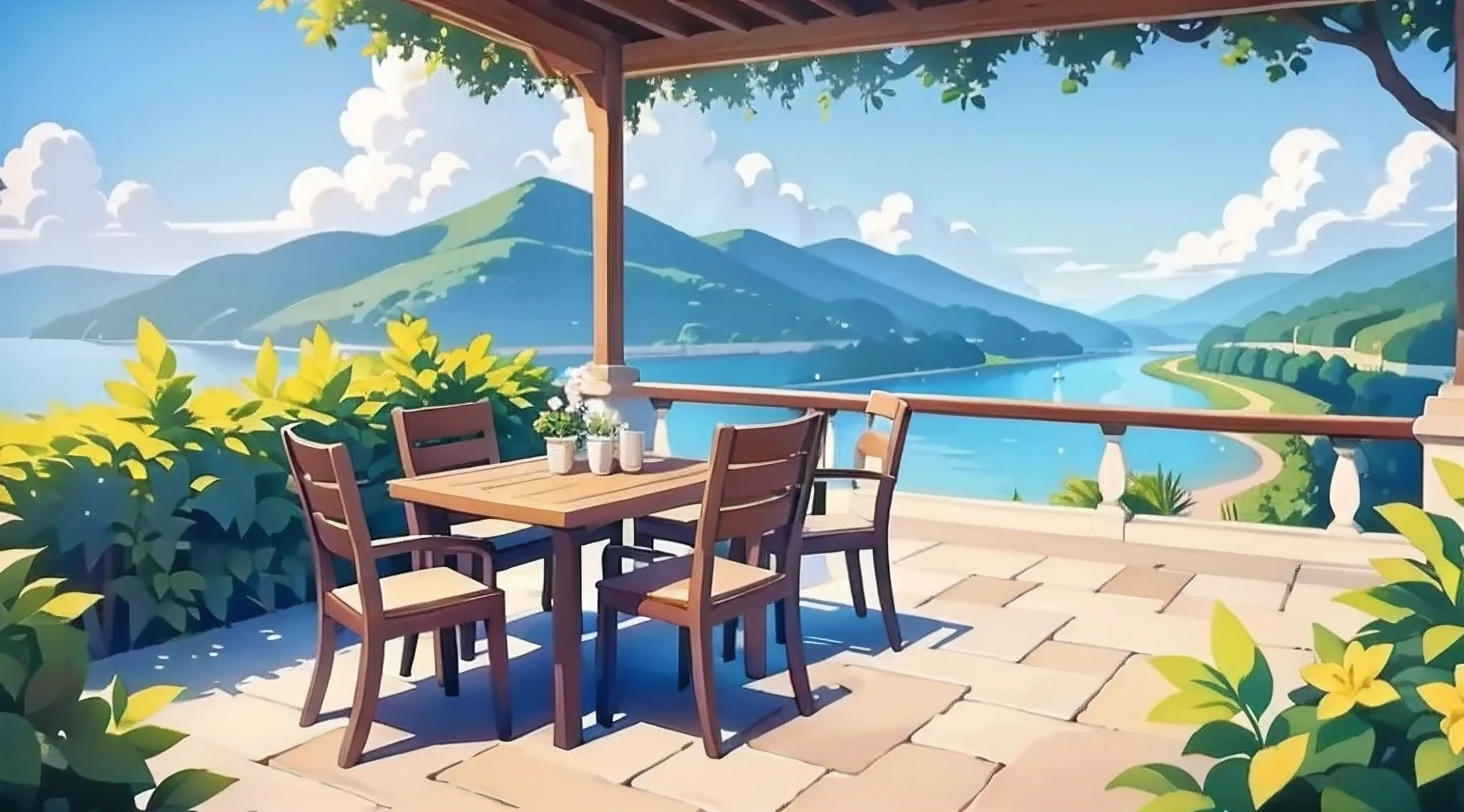 Beautiful landscape painting、Cafe terrace seating、blue sky、super high quality、Tabletop、Natural Color、coffee