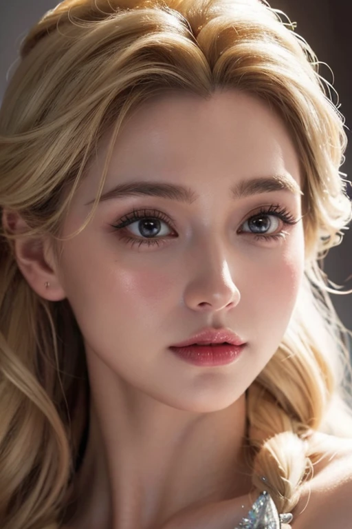 Queen Elsa, very realistic, cute, highly detailed face and skin,