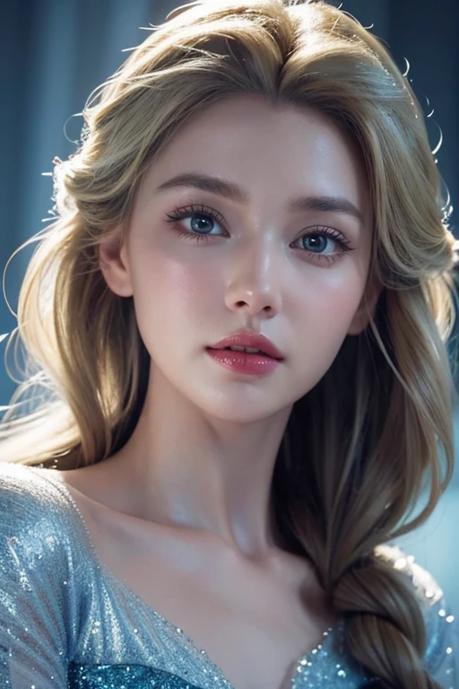 Queen Elsa, very realistic, cute, highly detailed face and skin,