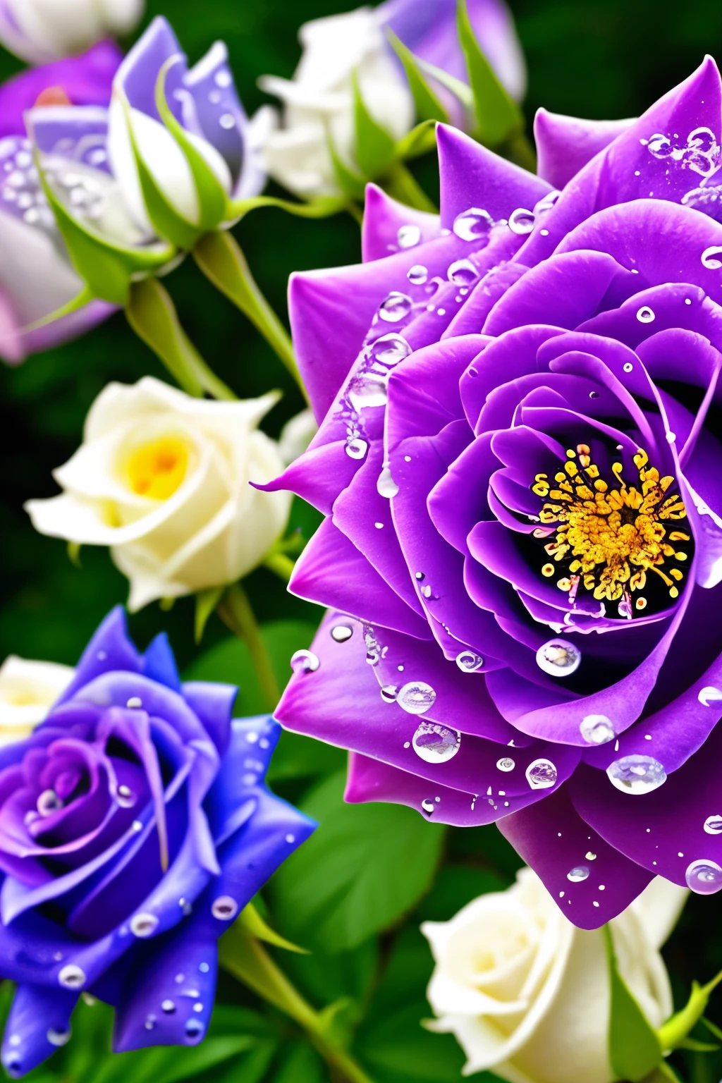 purple and white roses with water droplets on them in a garden, a macro photograph by Perle Fine, tumblr, romanticism, beautiful detail and color, beautiful detail, beautiful!!!!!!!!!, beautiful flowers and crystals, incredibly beautiful, beautiful flower, exquisite detail perfect, beautiful details, detailed flowers, stunning detail, magical flowers, unbelievably beautiful, stunningly beautiful