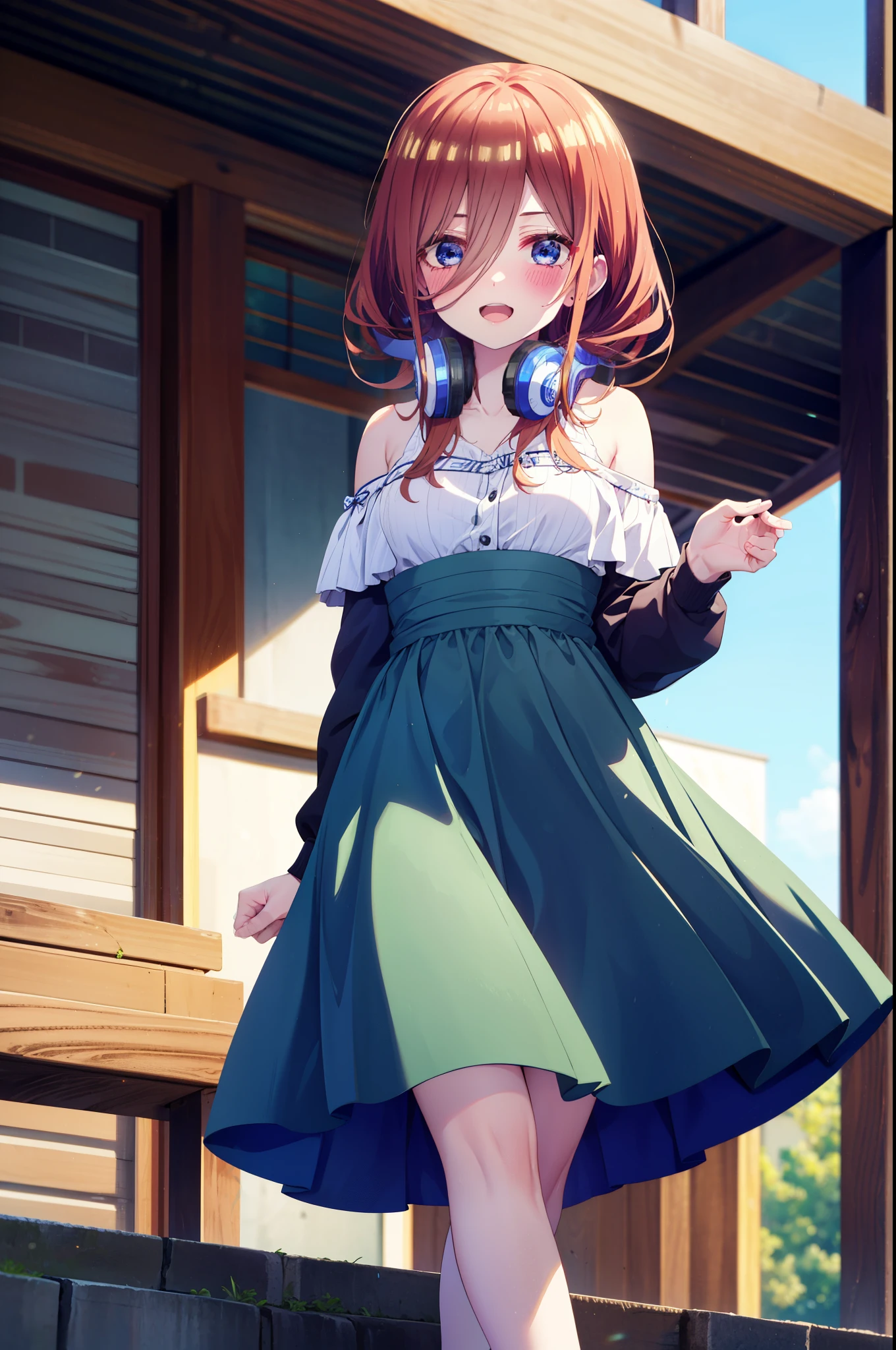 Mikunakano, Miku Nakano, Long Hair, bangs, blue eyes, Brown Hair, shirt, Hair between the eyes, Headphones around the neck,happy smile, smile, Open your mouth,Off-the-shoulder blue dress,Bare shoulders,bare clavicle,Bare neck,Bare arms,Blue long skirt,Cute heeled sandals,Real Summer,Daytime,sunny,My hair is blowing in the wind,whole bodyがイラストに入るように,Looking up from below,Walking,
breakindoors, Shopping mall,
break looking at viewer, whole body,
break (masterpiece:1.2), highest quality, High resolution, unity 8k wallpaper, (shape:0.8), (Beautiful details:1.6), Highly detailed face, Perfect lighting, Highly detailed CG, (Perfect hands, Perfect Anatomy),