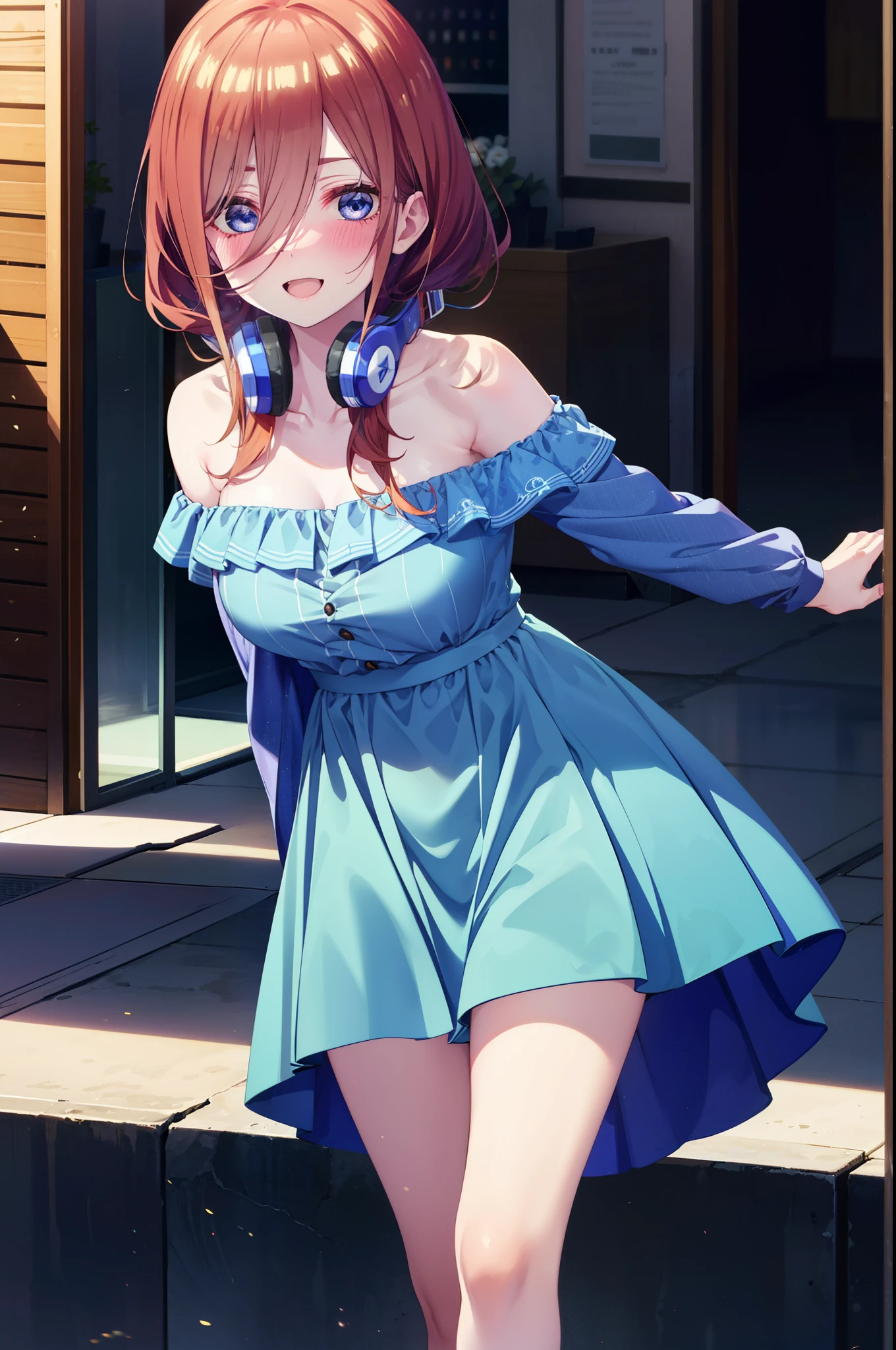 Mikunakano, Miku Nakano, Long Hair, bangs, blue eyes, Brown Hair, shirt, Hair between the eyes, Headphones around the neck,happy smile, smile, Open your mouth,Off-the-shoulder blue dress,Bare shoulders,bare clavicle,Bare neck,Bare arms,Blue long skirt,Cute heeled sandals,Real Summer,Daytime,sunny,My hair is blowing in the wind,whole bodyがイラストに入るように,Looking up from below,Walking,
breakindoors, Shopping mall,
break looking at viewer, whole body,
break (masterpiece:1.2), highest quality, High resolution, unity 8k wallpaper, (shape:0.8), (Beautiful details:1.6), Highly detailed face, Perfect lighting, Highly detailed CG, (Perfect hands, Perfect Anatomy),