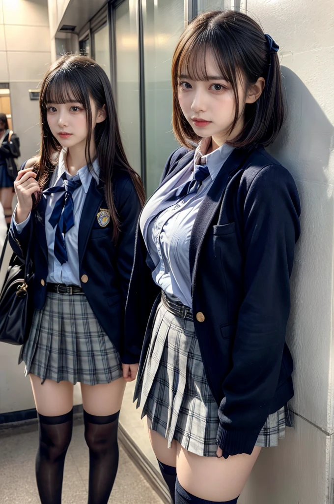 muster piece, best quality, illustration, Super detailed, fine details, High resolution, 8K,wall paper, perfect dynamic composition,(Details High quality, realistic depiction of eyes:1.3), (2 girls, 2 schoolgirls), from side, High School Classroom、High school girl uniform、blazer 、Super Short Check Uniform Skirt、Navy blue high socks、garterbelts、Colossal tits、Disturbed uniform,  short bob hair, black hair color, huge breasts, Big Natural Color Lip, bold sexy pose, (perfect body shape), crying a little、cold gaze, Harajuku style、20 year old girl、 beautiful legs, hposing Gravure Idol, Voluptuous thighs
