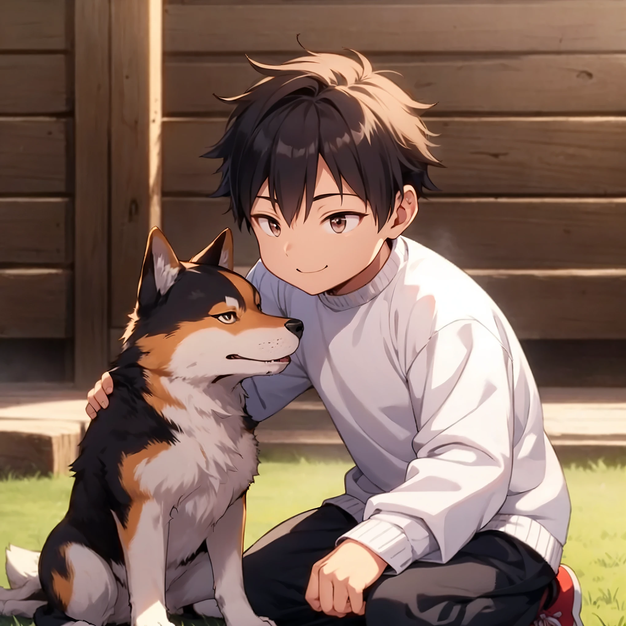 1 boy,smile,Shiba Inu,Cheek rubbing,(detailed eyes),detailed skin,