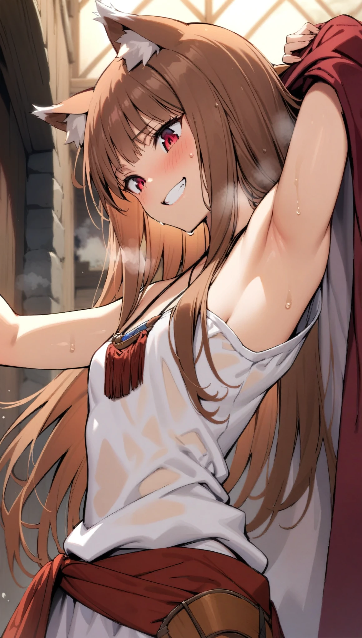 (masterpiece:1.2), hyper detail, best quality, (intricate_details:1.1), beautiful detailed, beautiful hair, solo,1girl, holo, /(spice and wolf/), wolf girl, detailed beautiful face and eyes, detailed red eyes, deep crimson eyes, detailed brown hair, intricate hair, long hair, animal ears, wolf ears,slim body, glowing eyes, small breasts, slender, slim,smiling with teeth, happy, medieval clothes,white short sleeves dress, red fabric belt, woven belt, ring accessory, The Promise of the Wise Wolf, Simple necklace, fabric ribbon,robe_cape,robe half off shoulder,shoulder,upper body,hand holding coat, sweating,heavy breathing,steam,blush,open robe,greasy shoulder,from below,looking down,hand up,armpit,greasy armpit,from side, shoulder focus,wet clothes,