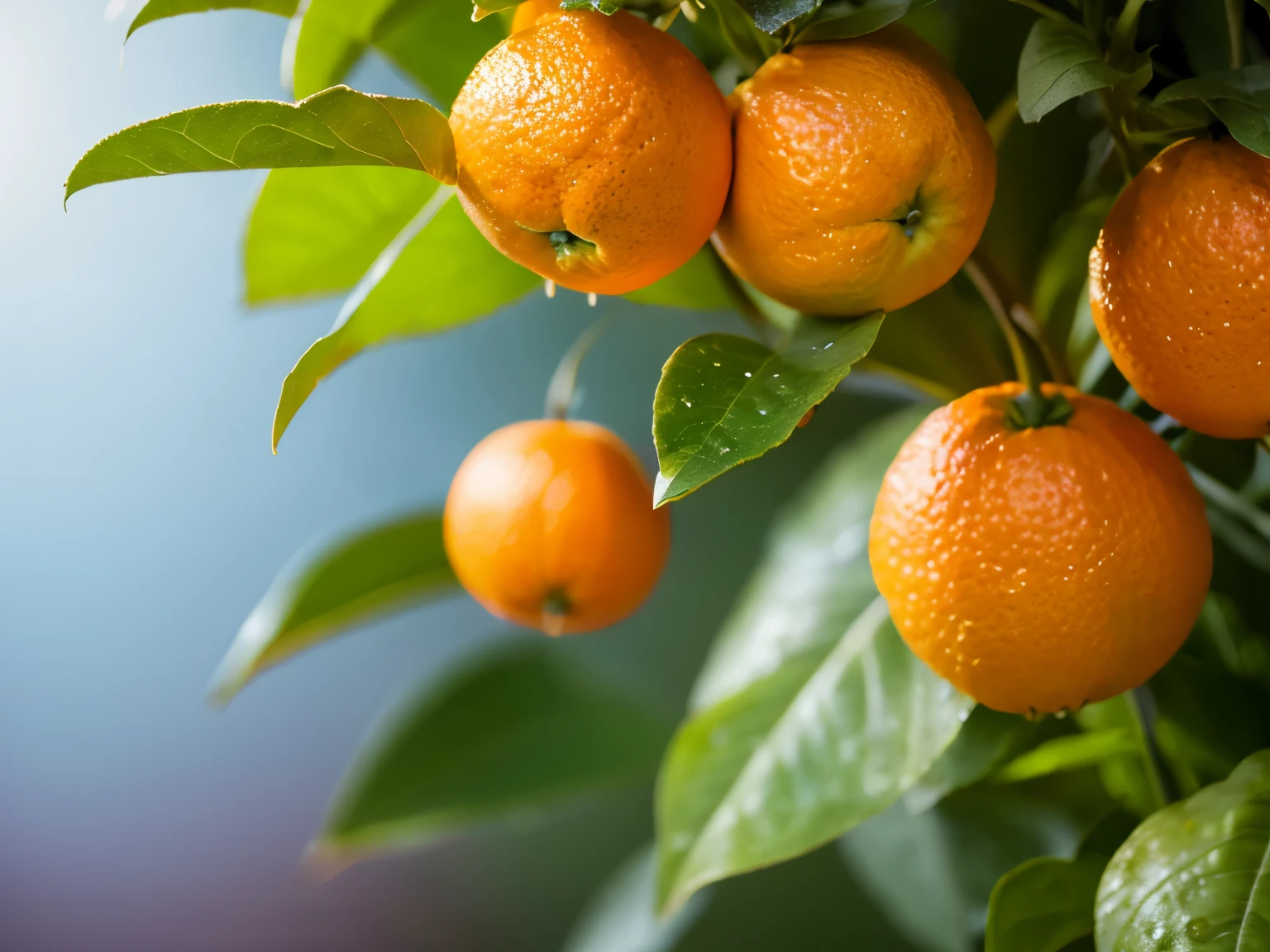 
orange plant with fruit there are dew drops realistic detail 8k light color blur background
