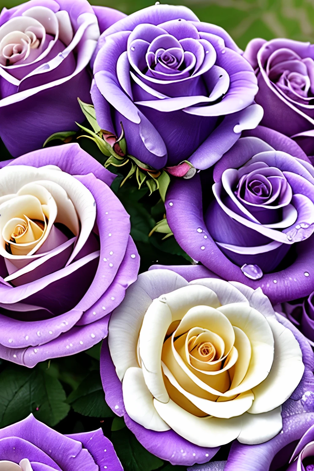 purple and white roses with water droplets on them in a garden, beautiful detail and color, beautiful detail, beautiful!!!!!!!!!, beautiful flowers and crystals, incredibly beautiful, beautiful flower, exquisite detail perfect, beautiful details, detailed flowers, stunning detail, magical flowers, unbelievably beautiful, stunningly beautiful, incredible sharp detail, sparkling petals, beautiful flowers, exquisite and smooth detail