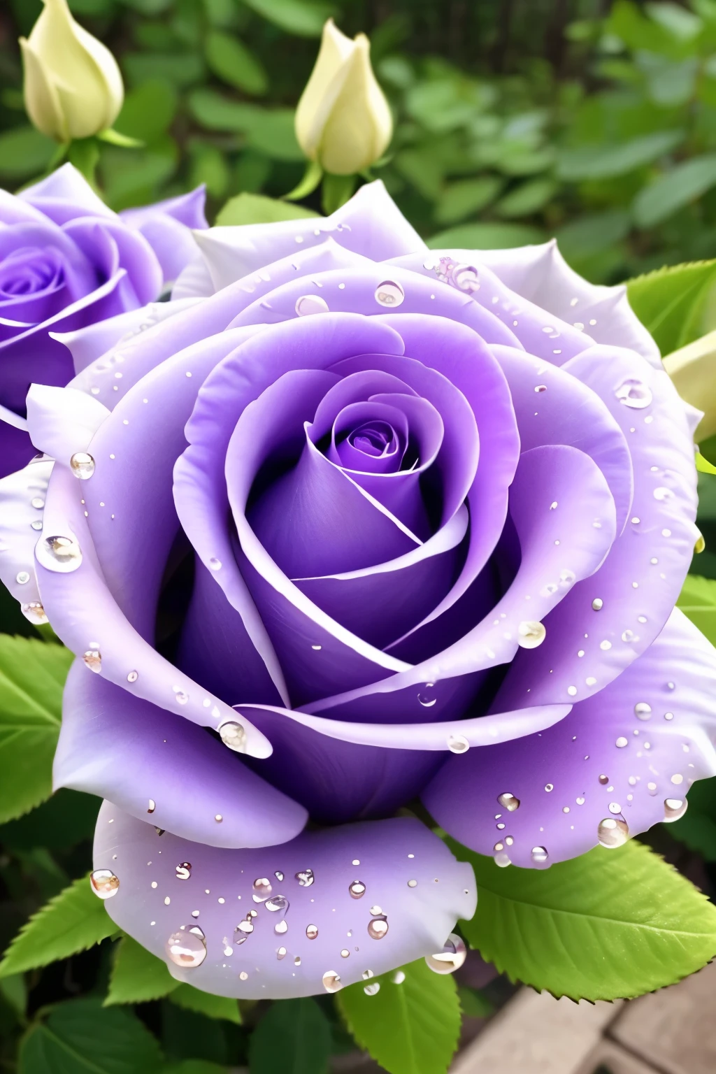 purple and white roses with water droplets on them in a garden, beautiful detail and color, beautiful detail, beautiful!!!!!!!!!, beautiful flowers and crystals, incredibly beautiful, beautiful flower, exquisite detail perfect, beautiful details, detailed flowers, stunning detail, magical flowers, unbelievably beautiful, stunningly beautiful, incredible sharp detail, sparkling petals, beautiful flowers, exquisite and smooth detail