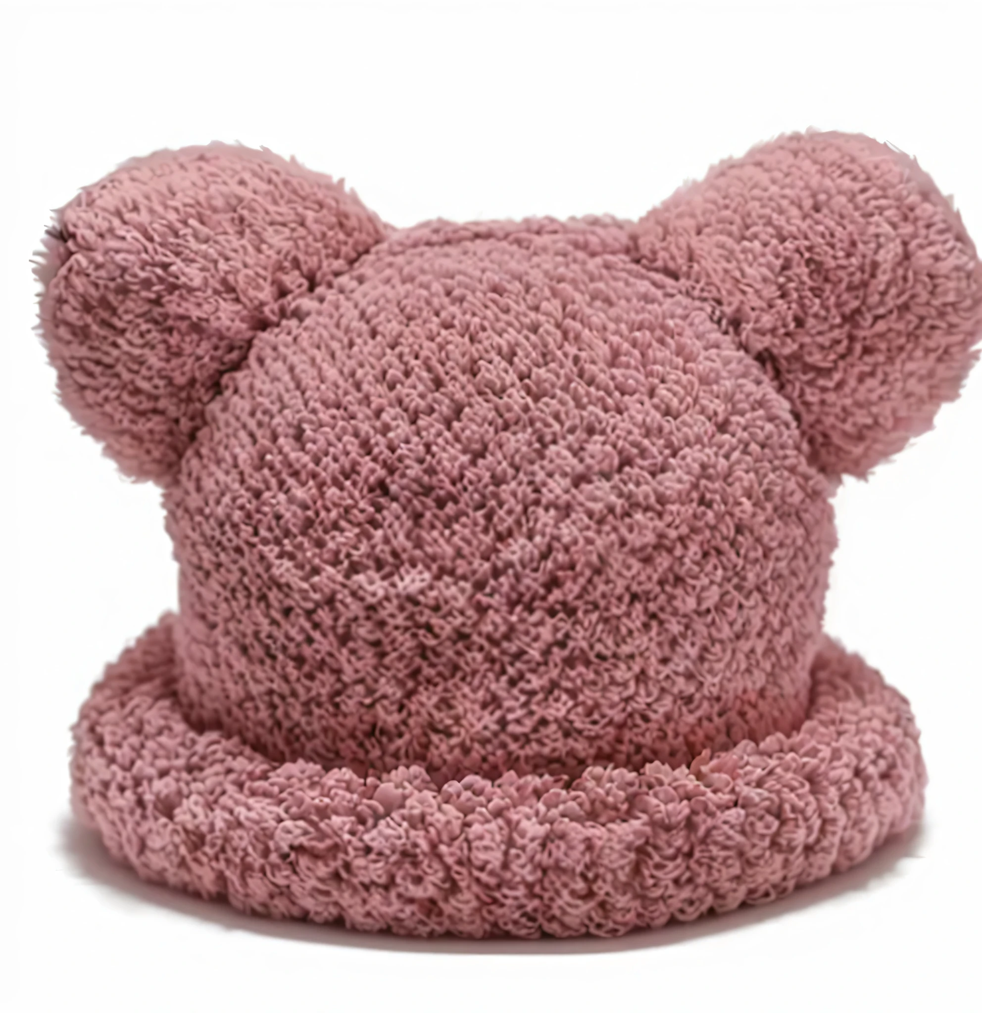 a close up of a Teddy bear hat on a white background, Mouse ears, Teddy bear, Knitted hat, pink Fluffy fur, cute hat, smol Fluffy cat wearing smol hat, Fluffy ebay product, Fluffy Fluffy fur, fancy Funny hat, Pink Iconic Character, mickey Mouse ears, Brown fur, Funny hat, bear rug, Fake Mickey Mouse head, Small hat, Fluffy