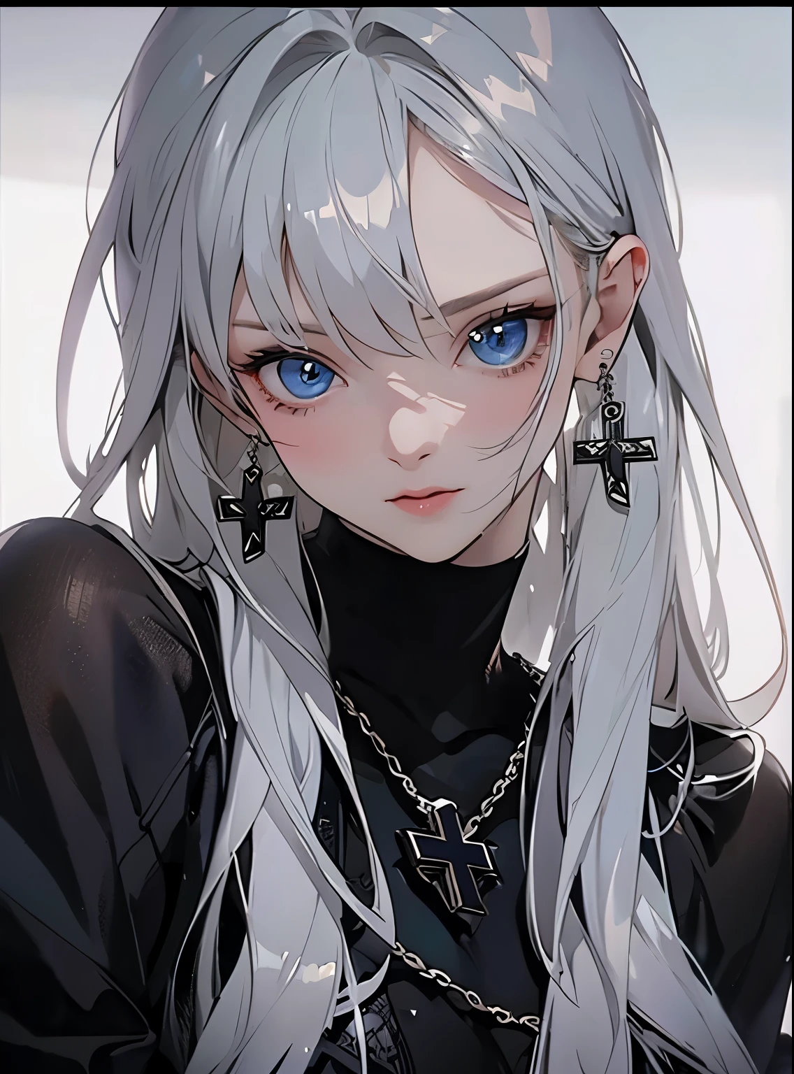 wicked、Wear naughty clothes、Blue Eyes 、Wear a black aura、Staring at the audience、best photo、Masute Piece、Cross earrings、Pretty woman、sexy outfit、