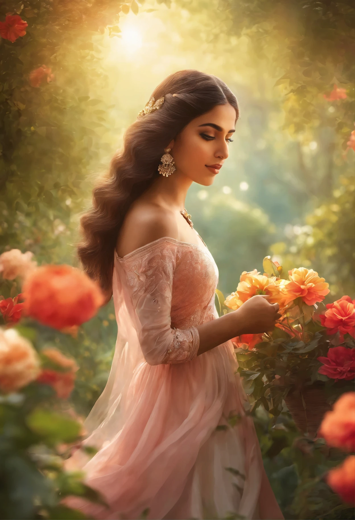 A girl named Kishan in a beautiful garden, surrounded by vibrant flowers and tall trees. She is wearing a flowing dress that matches the colors of the flowers. Kishan has long, flowing hair that shines in the sun. Her eyes are detailed and expressive, reflecting her curiosity and joy. She has a bright smile, with beautiful, detailed lips. The light in the garden is soft and warm, creating a peaceful and dreamlike atmosphere. The artwork is created using a blend of traditional painting and modern digital techniques, resulting in a unique and captivating style. The colors are vivid and vibrant, with a touch of fantasy. The image quality is of the highest standard, with ultra-detailed and realistic features. Every detail, from the texture of the flowers to the individual strands of hair, is carefully rendered with precision. The overall composition is balanced and visually pleasing, capturing the serenity and beauty of the garden and the joy of Kishan's presence.
