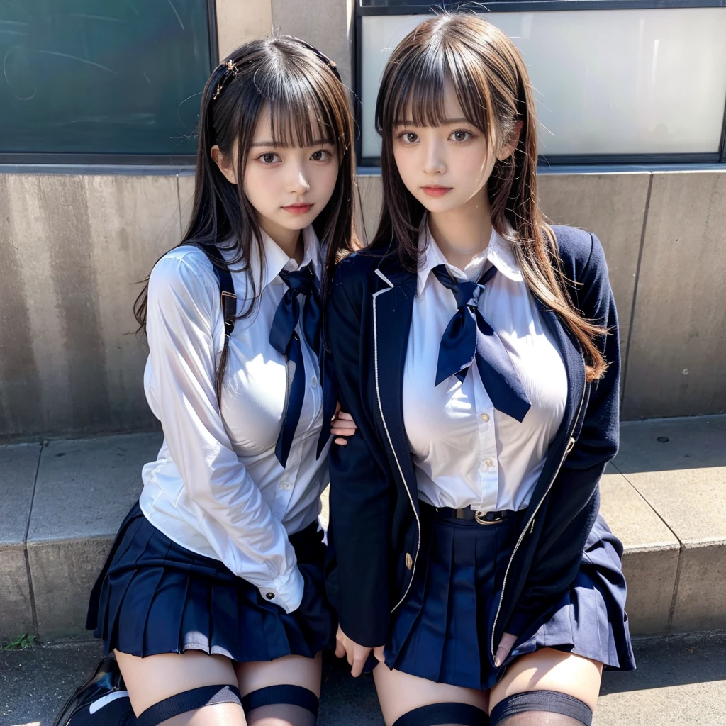 muster piece, best quality, illustration, Super detailed, fine details, High resolution, 8K,wall paper, perfect dynamic composition,(Details High quality, realistic depiction of eyes:1.3), (2 girls, 2 schoolgirls:1.2), from side, High School Classroom、High school girl uniform、blazer 、Super Short Check Uniform Skirt、Navy blue high socks、garterbelts、Colossal tits、Disturbed uniform,  short bob hair, black hair color, huge breasts, Big Natural Color Lip, bold sexy pose, (perfect body shape), crying a little、cold gaze, Harajuku style、20 year old girl、 beautiful legs, hposing Gravure Idol, Voluptuous thighs