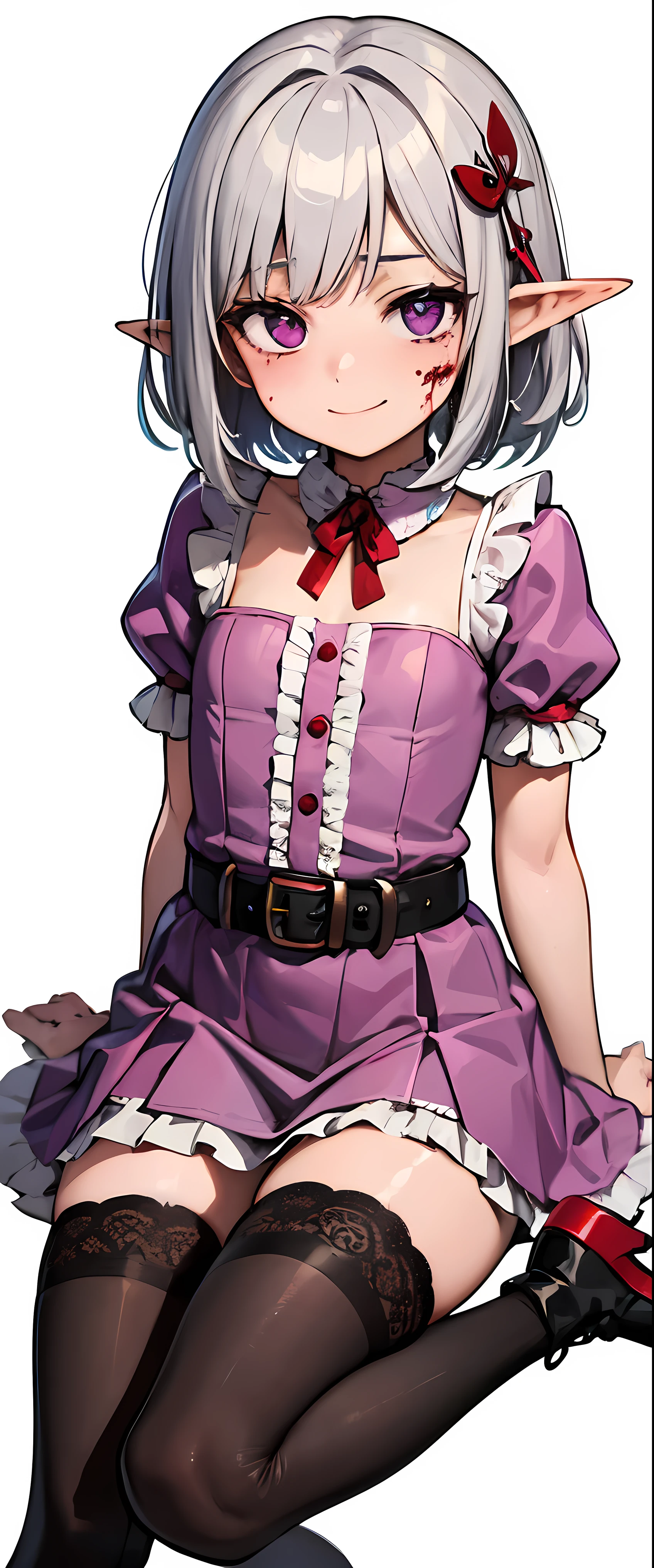 ,, , , flatchest, flat chest,white background, ,(masterpiece), best quality, high resolution, extremely detailed, cinematic lighting, 1girl, elf, medium hair, silver hair, crossed bangs, purple eyes, small breasts, pink shirt, pink dress, drastic hair ornaments, skirt, frills, lace rims, frilled sleeves, frilled skirt, thighhigh, ankle boots, yandere, yandere face, shaded face, crazy eyes, glowing eyes, crazy smile, blood, blood on face, blood on clothes, hands on own cheeks