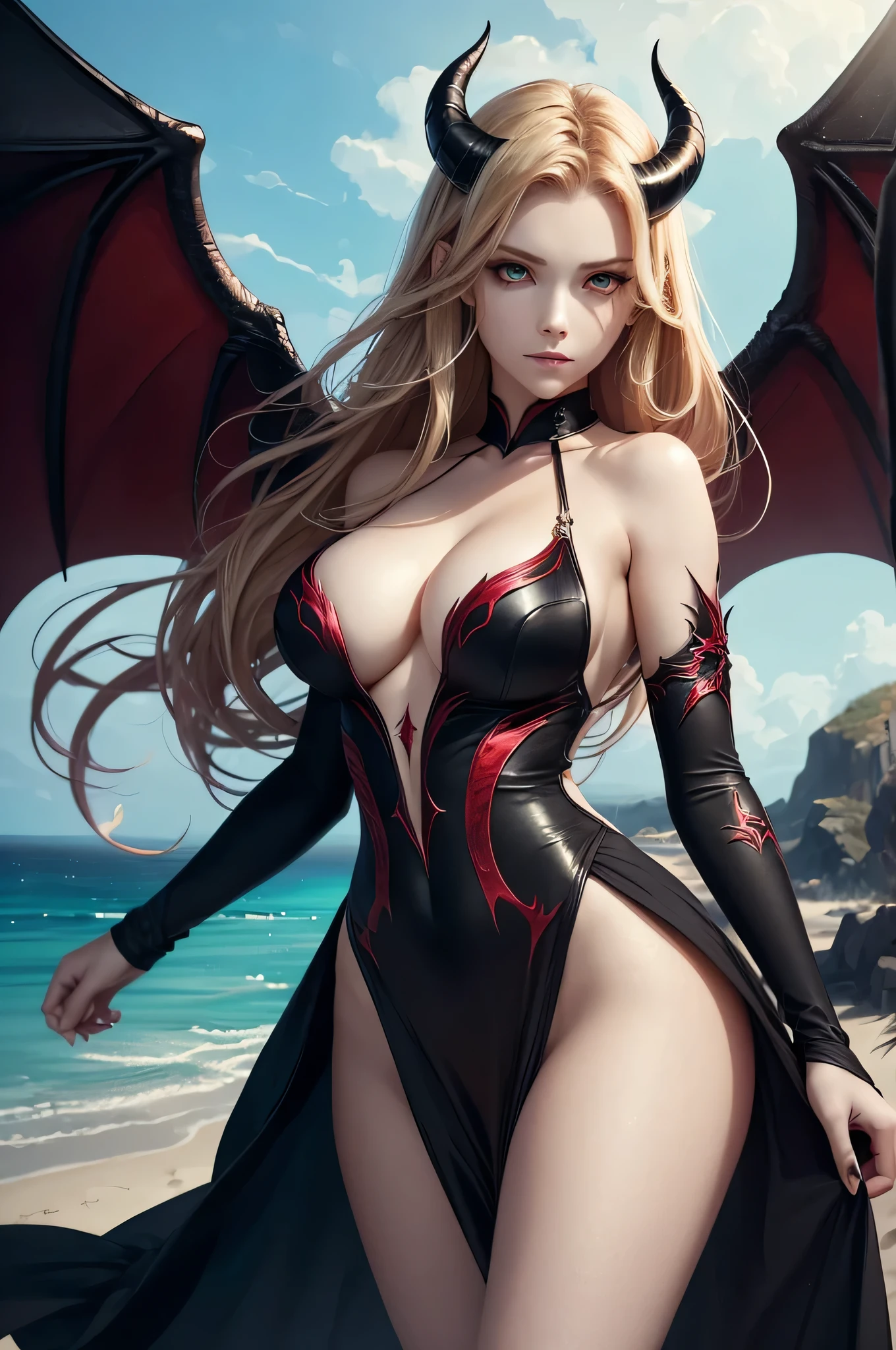 There is a beach there stand female , she have beatiful face and different eyes colour right red left is blue her, right half of hair is crimson red and left half is blond she have demonic horn on right side of her head, also she have one demonic wing in right and agelic wing on left side of her back, she dressed in dres which is black sexy right side and white half on left part of a dress, (ultra high quality fantasy art, dark fantasy style, masterpiece, ultra high quality character design, 8k quality anime art, realistic anime art, top quality wallpaper illustration, detailed ultra high quality accurate face, high quality design and accurate physic)