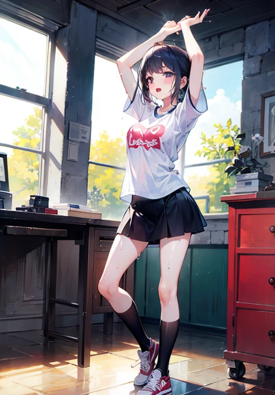 masterpiece, best quality, 1girl, 10years old, T-shirt, mini skirt, sneakers,  standing, open stance, sex machine, vaginal, resisted, arms up, skinny legs, open mouth, orgasm, sweat,  (love juice)