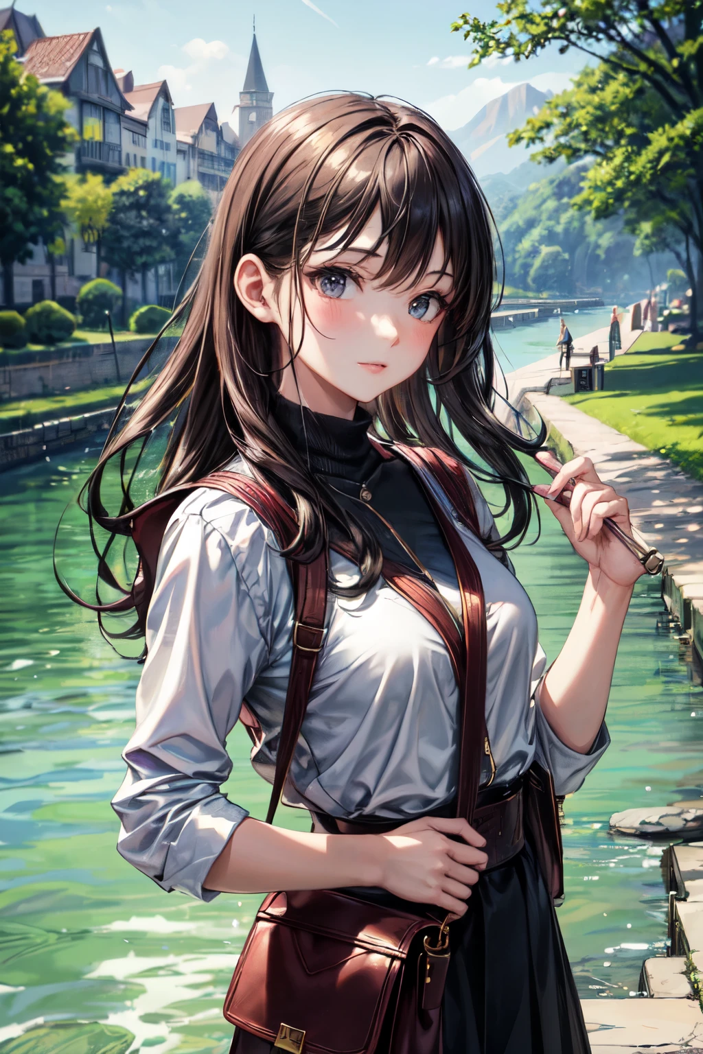((best quality)), ((masterpiece)), (detailed), perfect face, A girl walking with her boyfriend on river side