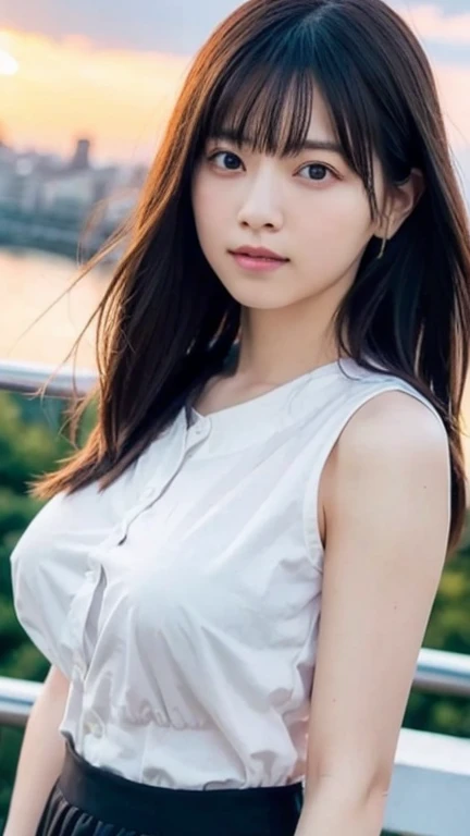 (highest quality,masterpiece:1.3,Ultra-high resolution),(Very detailed,Caustics,8k),(Realistic:1.4,RAW shooting),Japanese,23 years old,cute,Are standing,(I'm looking at the camera with a smile on my face),Black hair medium hair,(Big Breasts:1.4),White blouse,Micro Mini Skirt,A little bit of her chest is visible、Strong winds,Hair blowing in the wind,rooftop,Backlight,sunset,sunset sky,Above the knee shot,Face Focus,Natural light