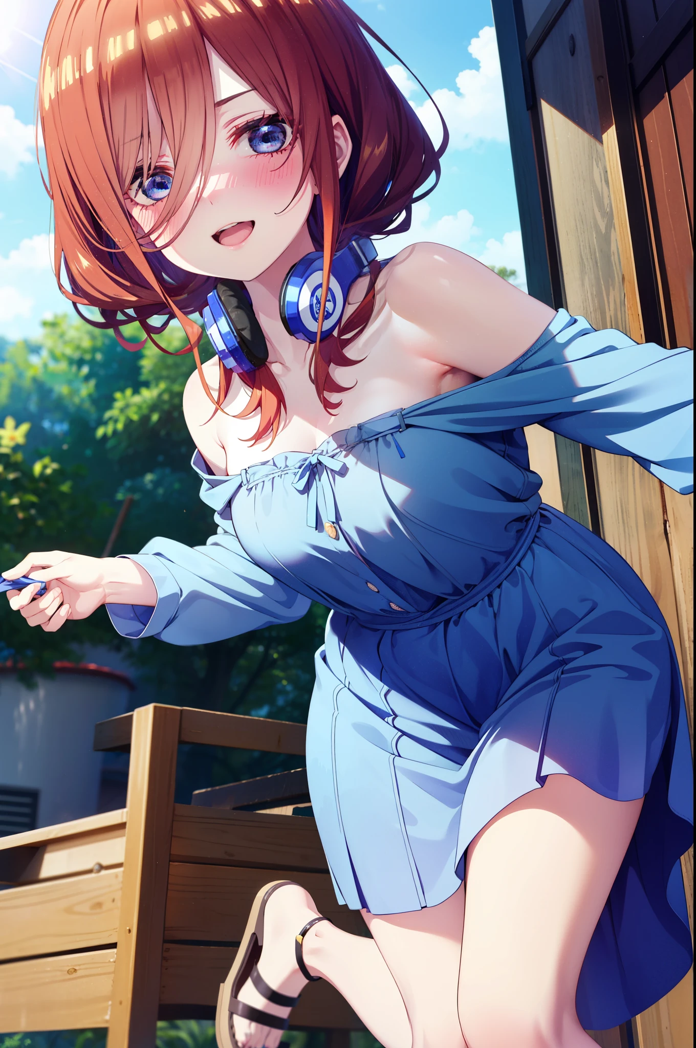 Mikunakano, Miku Nakano, Long Hair, bangs, blue eyes, Brown Hair, shirt, Hair between the eyes, Headphones around the neck,happy smile, smile, Open your mouth,Off-the-shoulder blue dress,Bare shoulders,bare clavicle,Bare neck,Bare arms,Blue long skirt,Cute heeled sandals,Real Summer,Daytime,sunny,My hair is blowing in the wind,whole bodyがイラストに入るように,
breakindoors, garden,
break looking at viewer, whole body,
break (masterpiece:1.2), highest quality, High resolution, unity 8k wallpaper, (shape:0.8), (Beautiful details:1.6), Highly detailed face, Perfect lighting, Highly detailed CG, (Perfect hands, Perfect Anatomy),