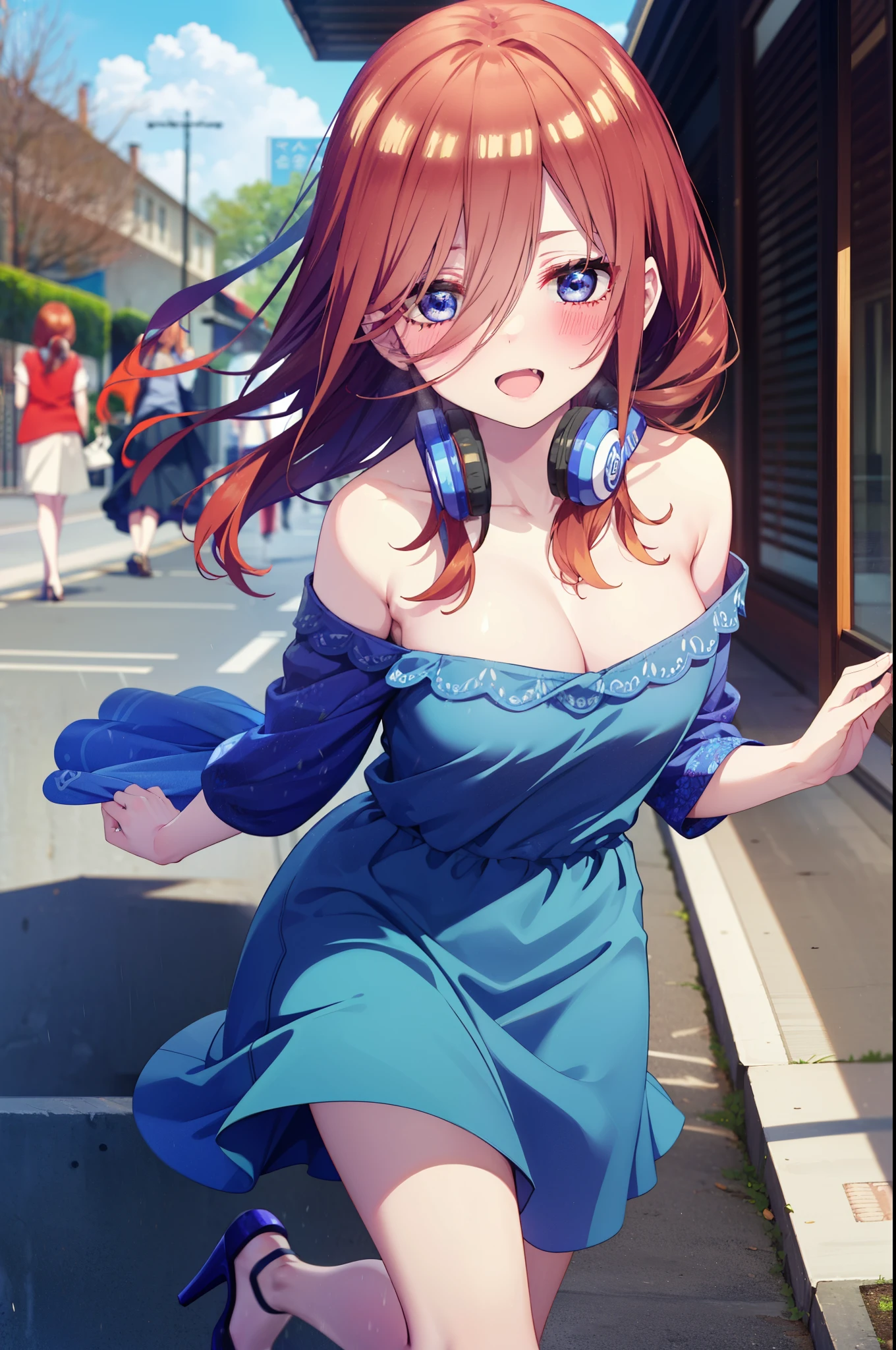 Mikunakano, Miku Nakano, Long Hair, bangs, blue eyes, Brown Hair, shirt, Hair between the eyes, Headphones around the neck,happy smile, smile, Open your mouth,Off-the-shoulder blue dress,Bare shoulders,bare clavicle,Bare neck,Bare arms,Blue long skirt,Cute heeled sandals,Real Summer,Daytime,sunny,My hair is blowing in the wind,whole bodyがイラストに入るように,
breakindoors, garden,
break looking at viewer, whole body,
break (masterpiece:1.2), highest quality, High resolution, unity 8k wallpaper, (shape:0.8), (Beautiful details:1.6), Highly detailed face, Perfect lighting, Highly detailed CG, (Perfect hands, Perfect Anatomy),