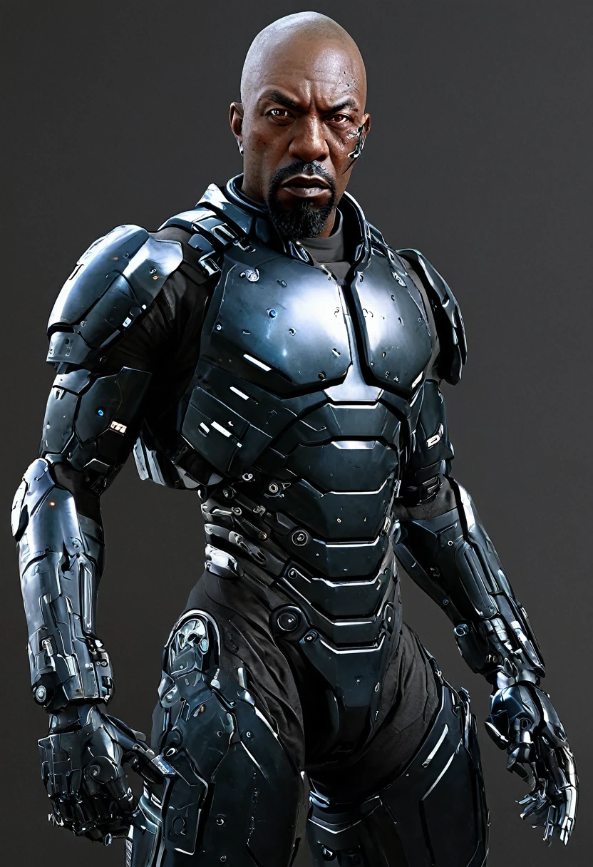 Shawt,a black man is LRex Texas

A human/cyborg bounty hunter, grizzled and world-weary
Body is augmented with futuristic cybernetic implants and weaponry
Renowned as one of the most skilled and dangerous bounty hunters in the galaxy
Weathered face with a cybernetic eye implant that can scan environments
Shaved head and muscular physique encased in flexible armored plating
Arsenal of interchangeable weapons and tech built into his cybernetic arms and torso
Personality is gruff but he has a moral code, deeply distrusts corporations and authority
Became a bounty hunter after being a soldier and seeing the worst the universe had to offer