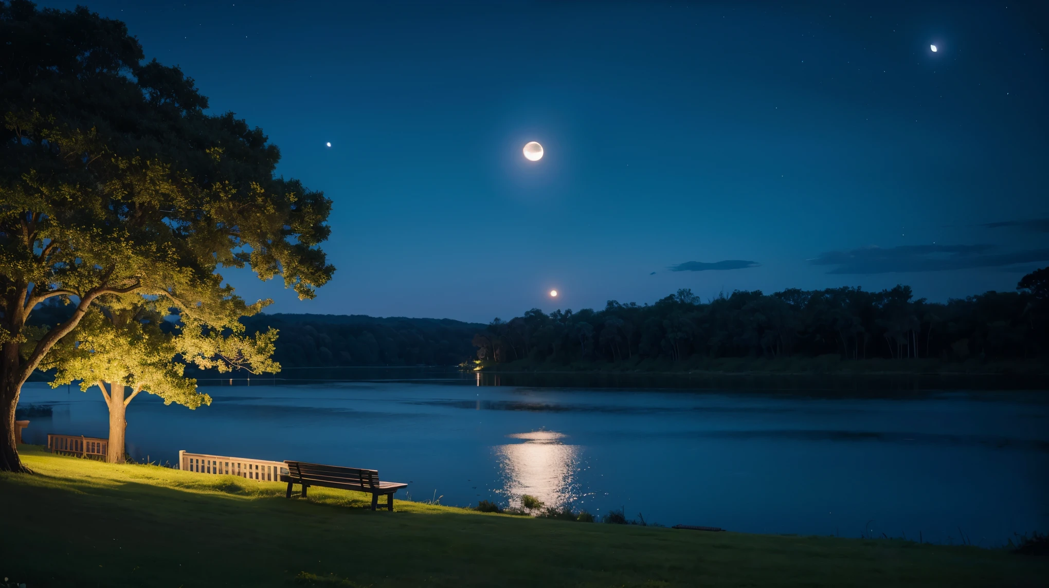 There are benches on the lawn near the lake and a huge tree, Cows grazing near a tree, The moon reflects on the water, full Moon in the background, full Moon in the background, big Moon in the background, big Moon in the background!, (Moon in the background), Moon reflected on the surface of the water, Moon in the background, A perfect and clear moon,  Moon in the background  