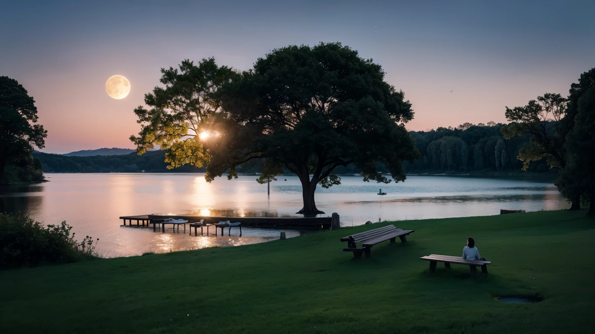 There are benches on the lawn near the lake and a huge tree, Cows grazing near a tree, The moon reflects on the water, full Moon in the background, full Moon in the background, big Moon in the background, big Moon in the background!, (Moon in the background), Moon reflected on the surface of the water, Moon in the background, A perfect and clear moon,  Moon in the background  